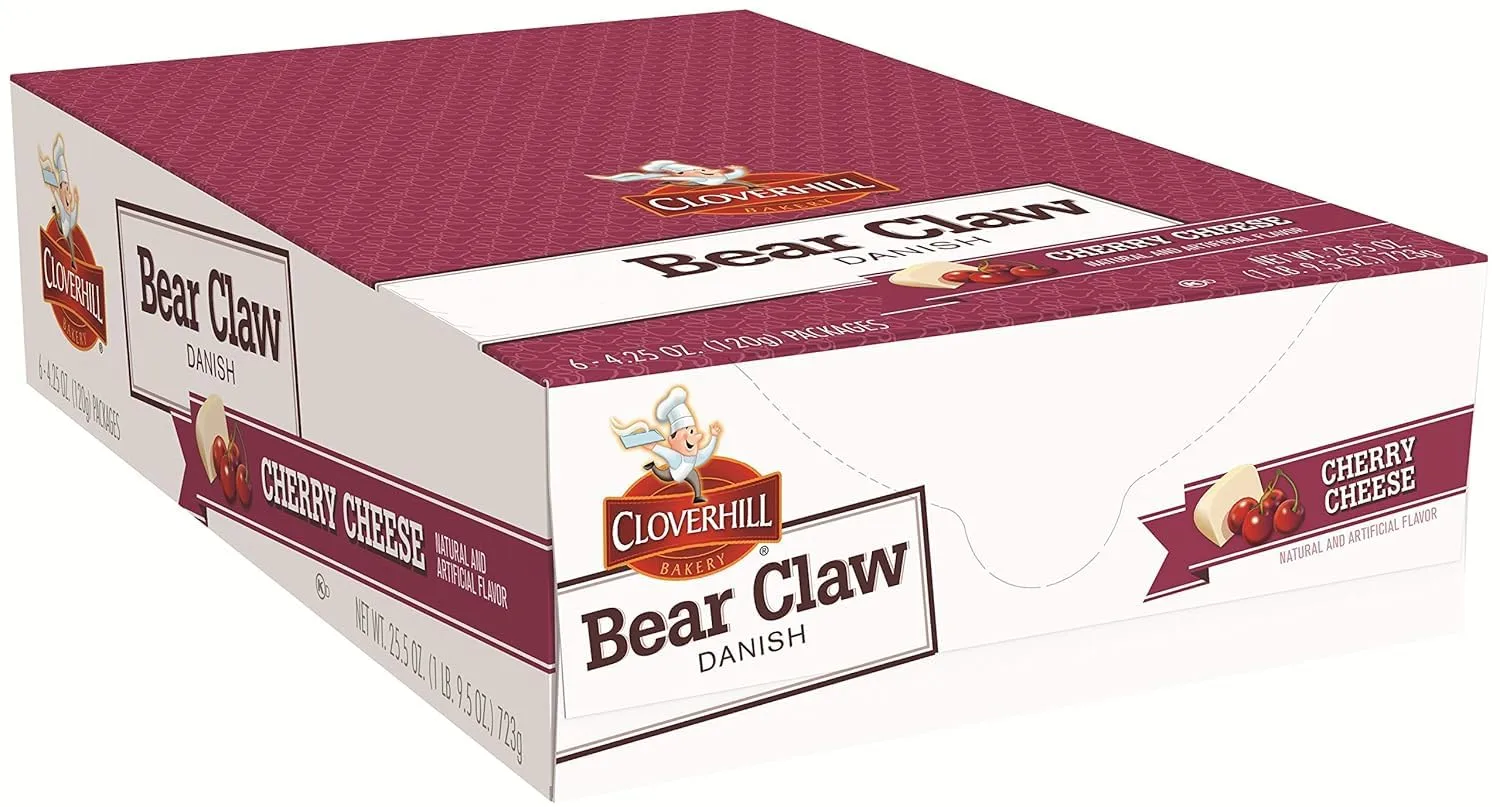 Cloverhill Bakery Bear Claw Cherry Cheese Danish, 4.25 Ounce - 6 Count Display Box (6 Pack, Bear Claw Cherry)
