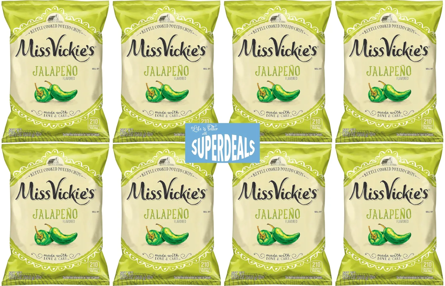 Kettle Cooked Potato Chips by Miss Vickie's Value Pack Bundled by SUPERDEALS | 1.375 Oz Bag | Jalapeno | Pack of 8 with mystery bonus gift