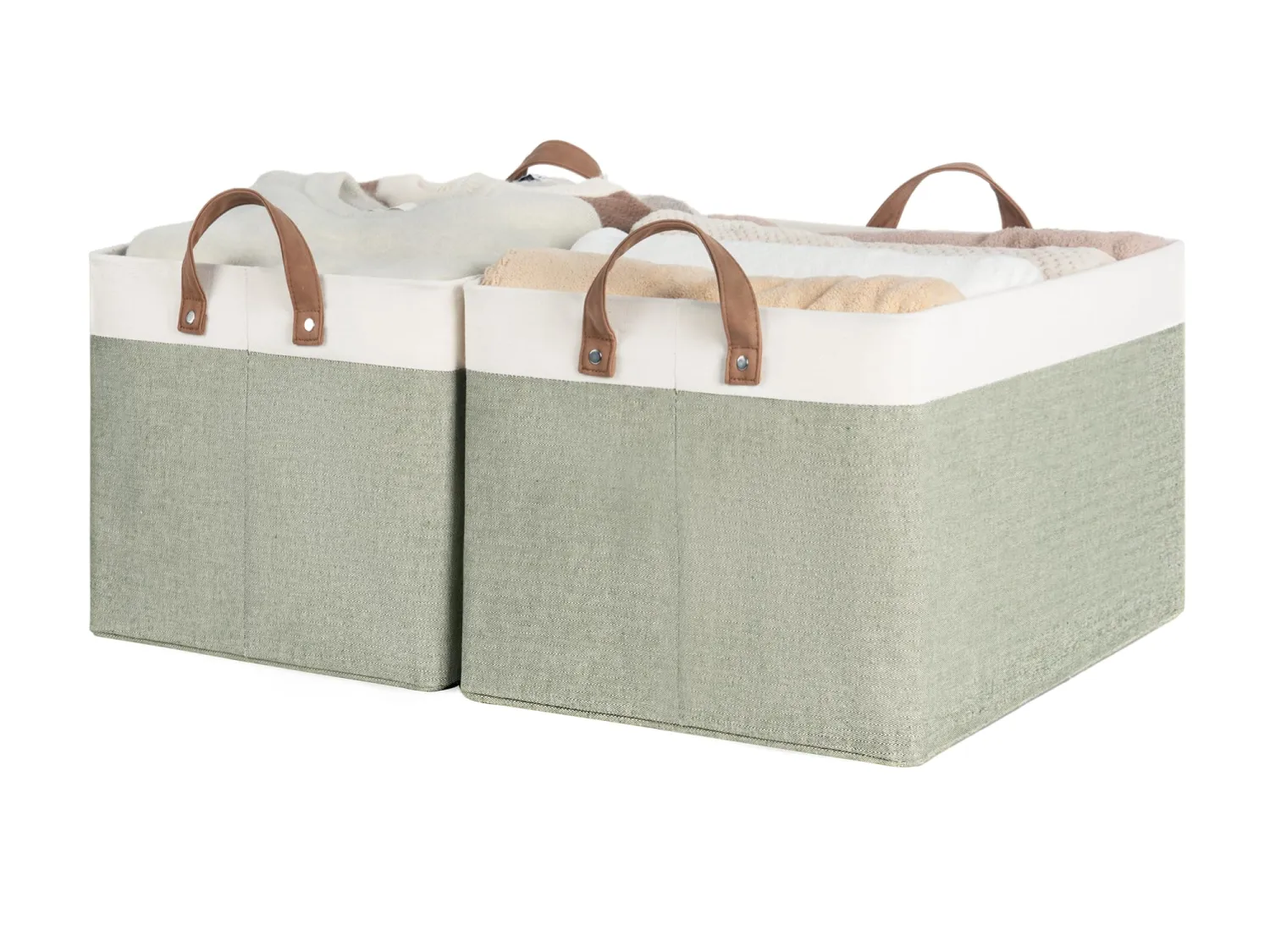 StorageWorks Storage Bins, Shelves Baskets for Organizing, 45L Extra Large Fabric Closet Organizers with Handles, Metal Frame, Green and White, 2-Pack