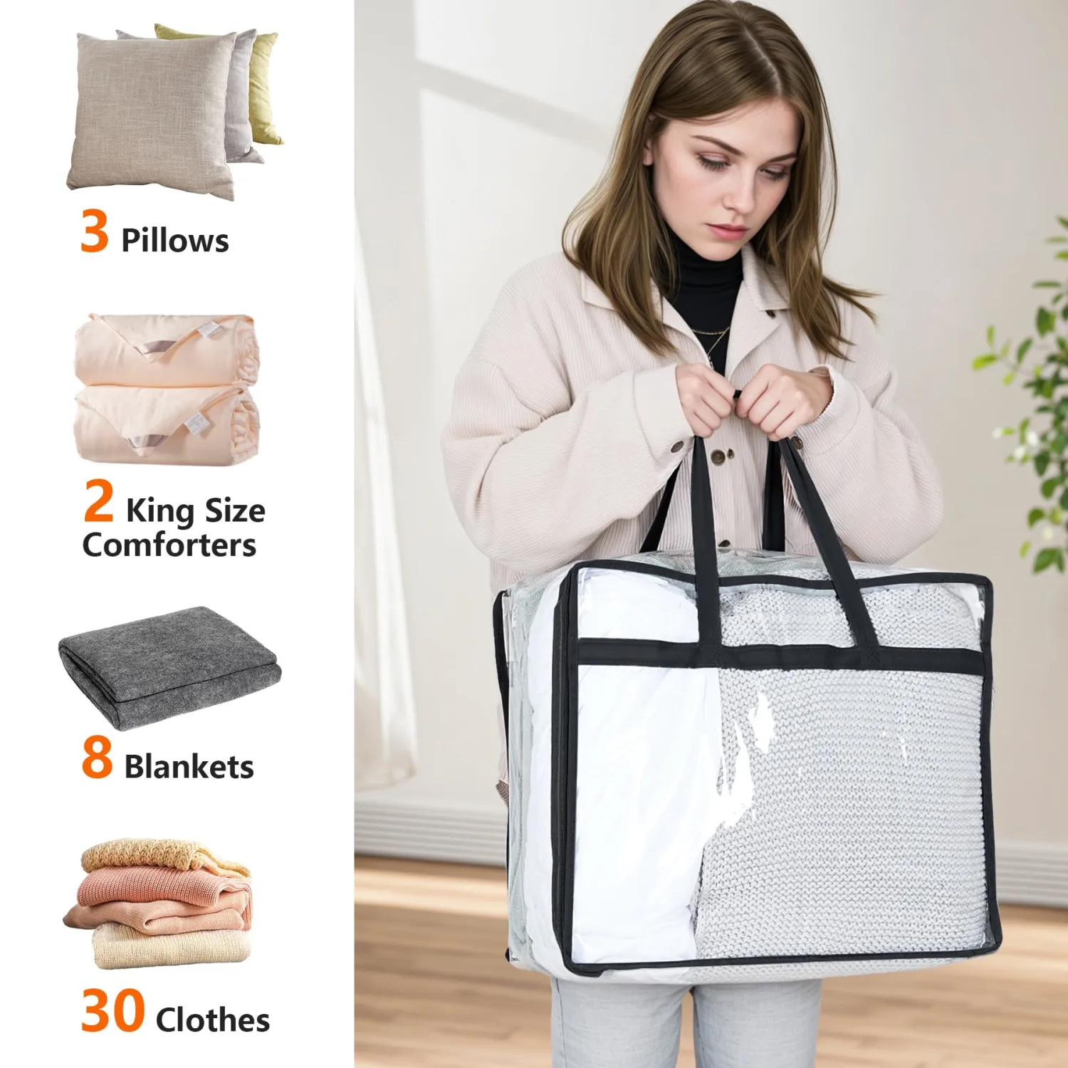 Budding Joy Clear Zippered Storage Bags for Clothes,40L Closet Organizers and Storage Containers Vinyl Moving Bag for Bedding, Linen, Blankets, Comforters, Clothing & Toys, Black, 2 Pack