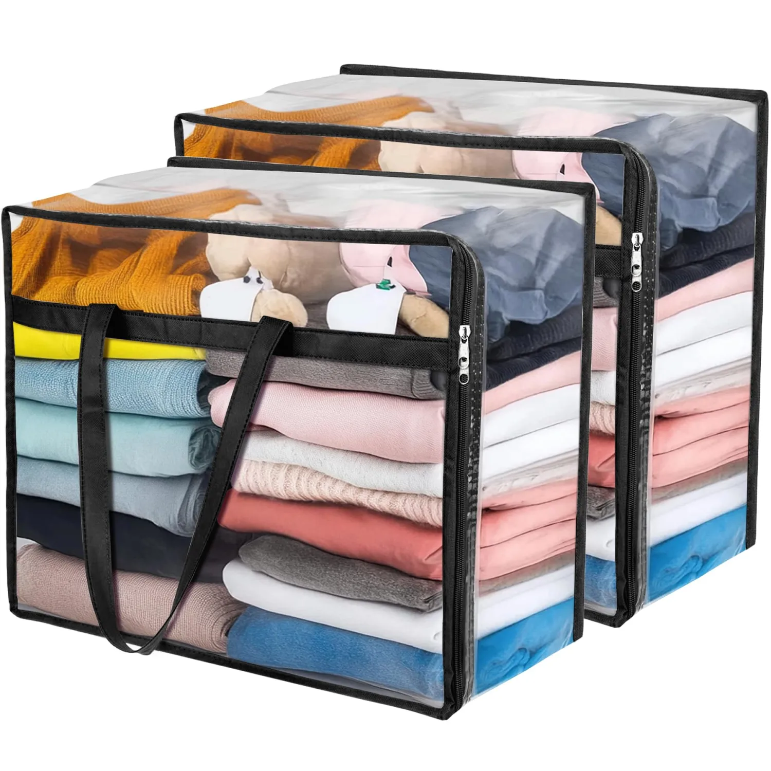 Budding Joy Clear Zippered Storage Bags for Clothes,40L Closet Organizers and Storage Containers Vinyl Moving Bag for Bedding, Linen, Blankets, Comforters, Clothing & Toys, Black, 2 Pack