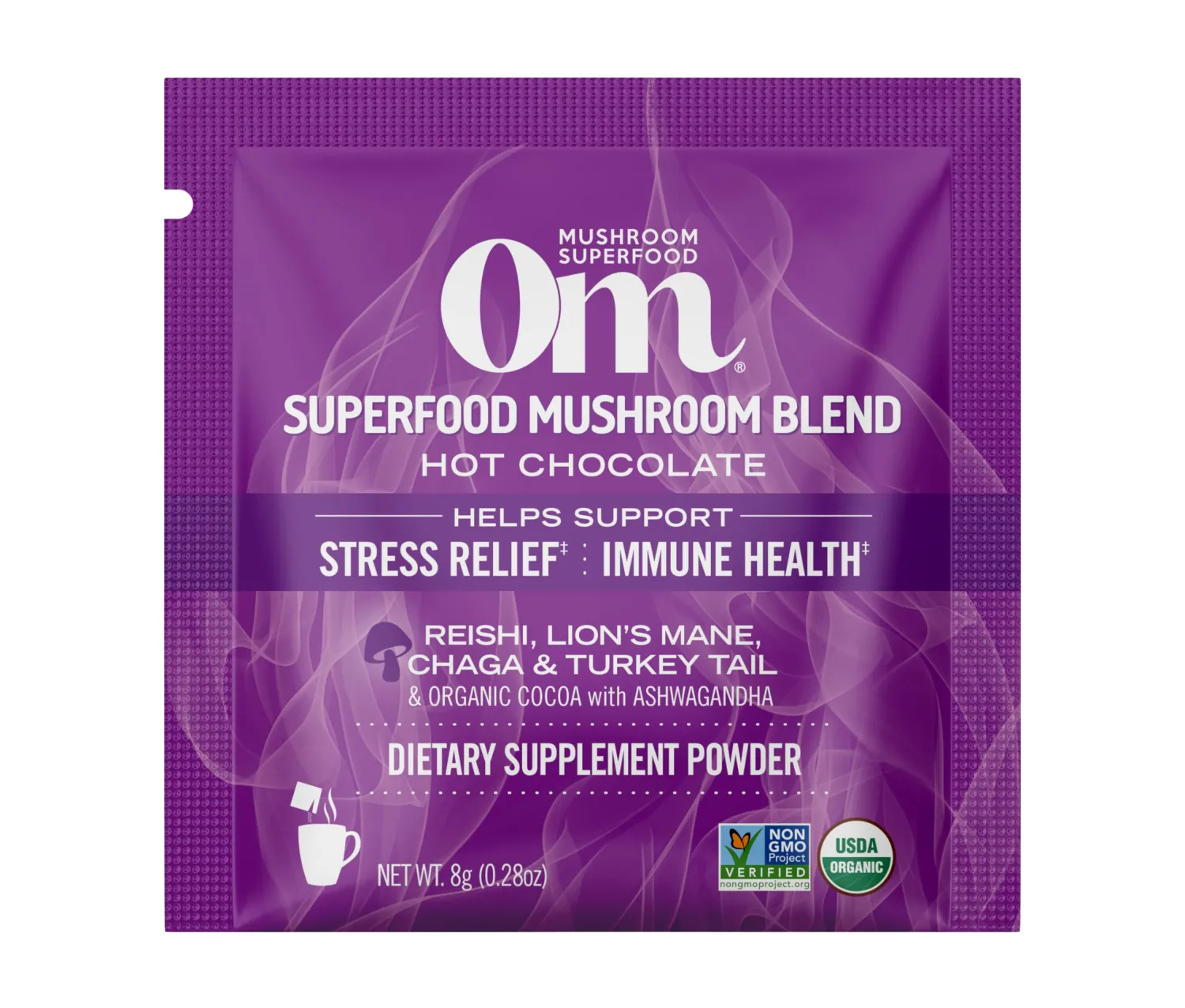 OM MUSHROOM SUPERFOOD Hot Chocolate Blend Mushroom Powder, Single Serve, 10 Count, Dutch Cocoa, 2g of Sugar, 25 Calories, Lion's Mane, Reishi, Chaga, Turkey Tail, Focus and Stress Support