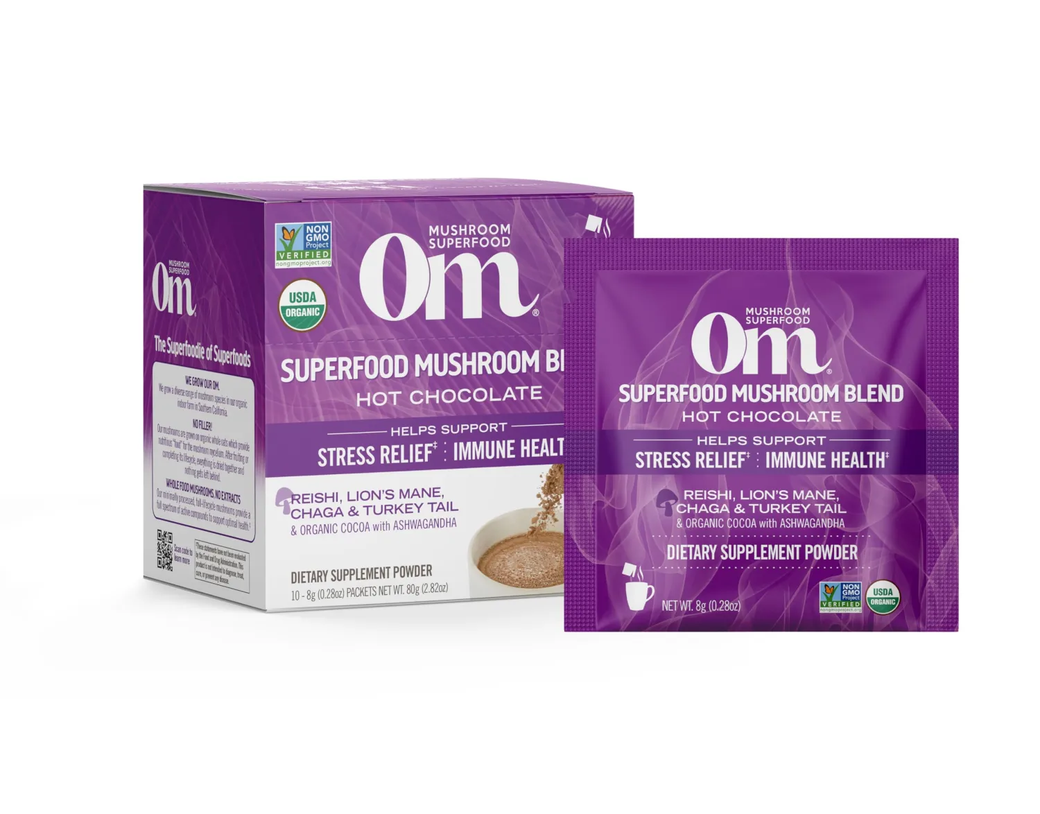 OM MUSHROOM SUPERFOOD Hot Chocolate Blend Mushroom Powder, Single Serve, 10 Count, Dutch Cocoa, 2g of Sugar, 25 Calories, Lion's Mane, Reishi, Chaga, Turkey Tail, Focus and Stress Support