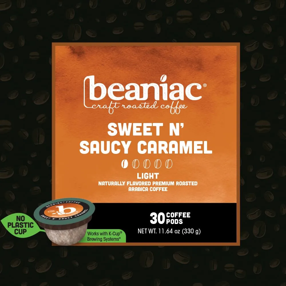 beaniac Sweet n' Saucy Caramel, Flavored Light Roast, Single Serve Compostable K Cup Coffee Pods, Arabica Coffee with Natural Flavors, Keurig Brewer Compatible, 30 Count