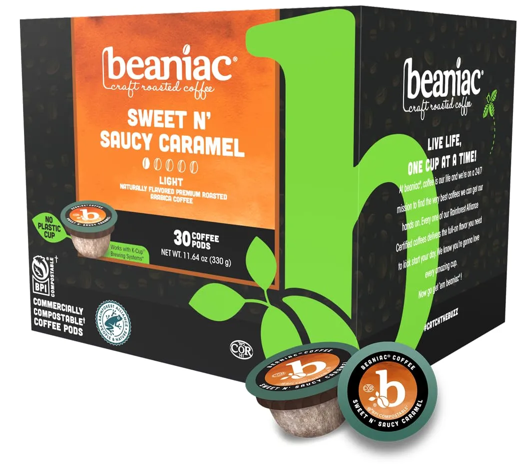 beaniac Sweet n' Saucy Caramel, Flavored Light Roast, Single Serve Compostable K Cup Coffee Pods, Arabica Coffee with Natural Flavors, Keurig Brewer Compatible, 30 Count