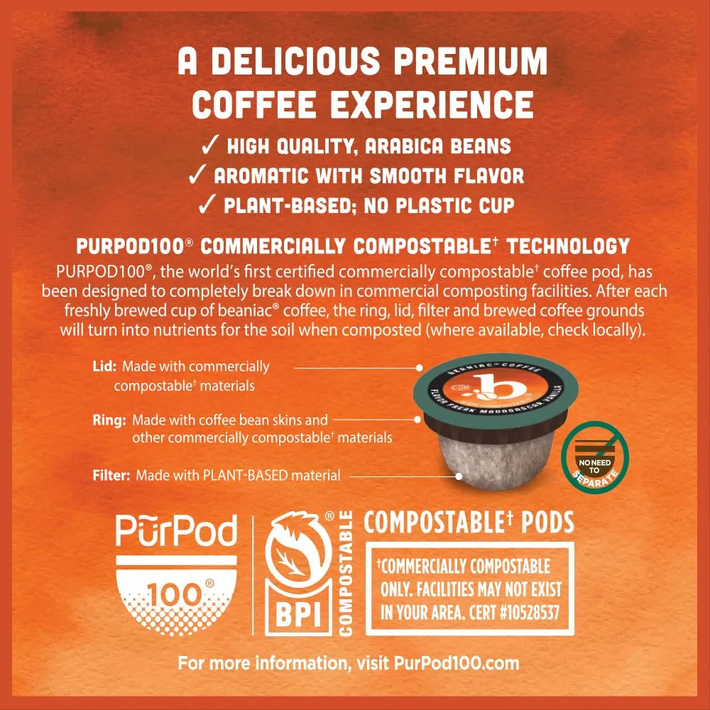 beaniac Sweet n' Saucy Caramel, Flavored Light Roast, Single Serve Compostable K Cup Coffee Pods, Arabica Coffee with Natural Flavors, Keurig Brewer Compatible, 30 Count