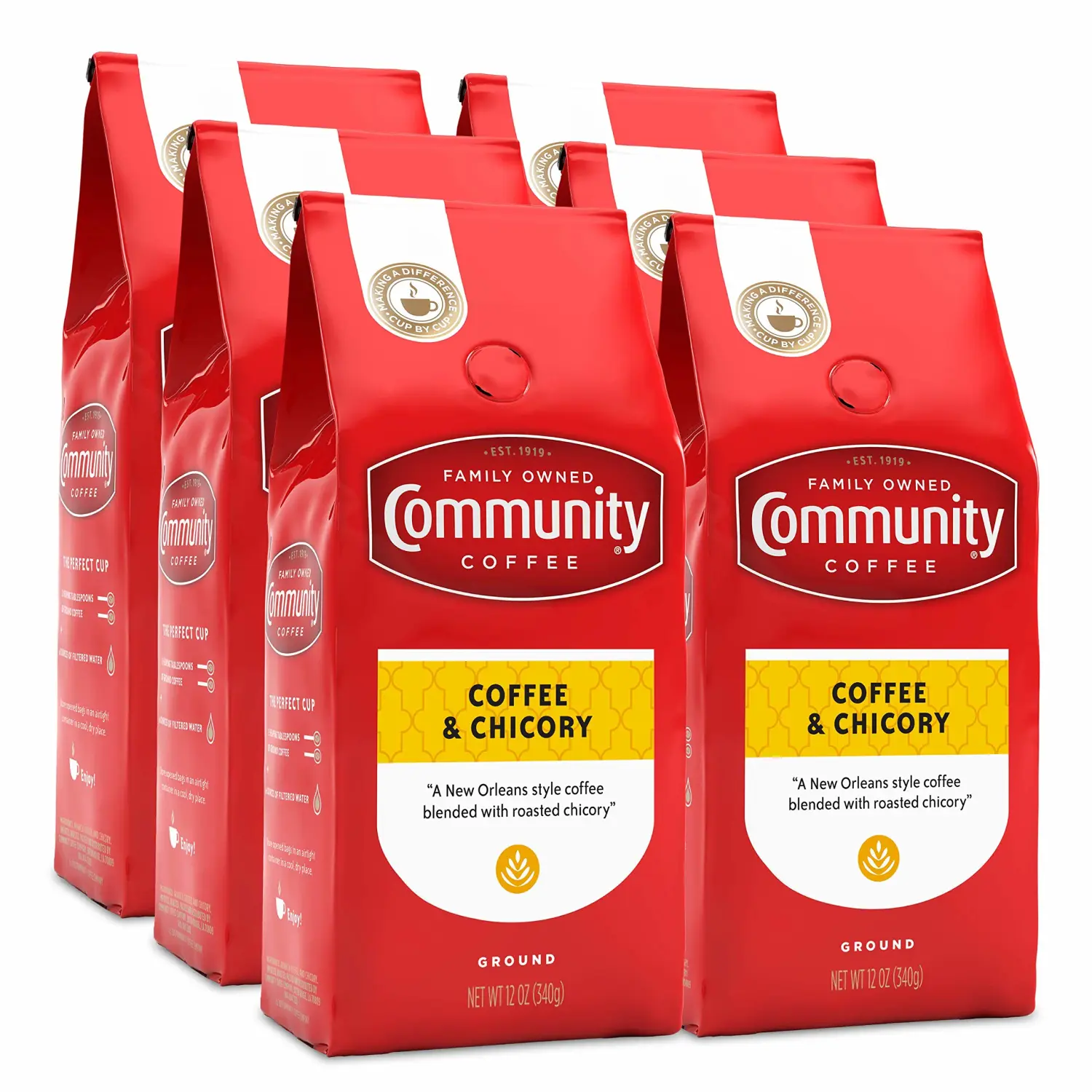 Community Coffee Coffee & Chicory Blend Coffee 72 Ounces, Medium Dark Roast Ground Coffee, 12 Ounce Bag (Pack of 6)