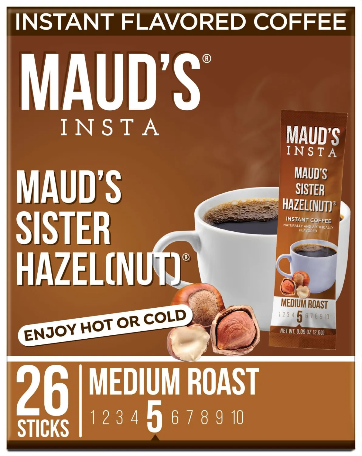 Maud's Sweet Hazelnut Flavored Instant Coffee, 26 ct, 100% Arabica Coffee, Medium Roast, Instant Hot or Iced Coffee - Just add water