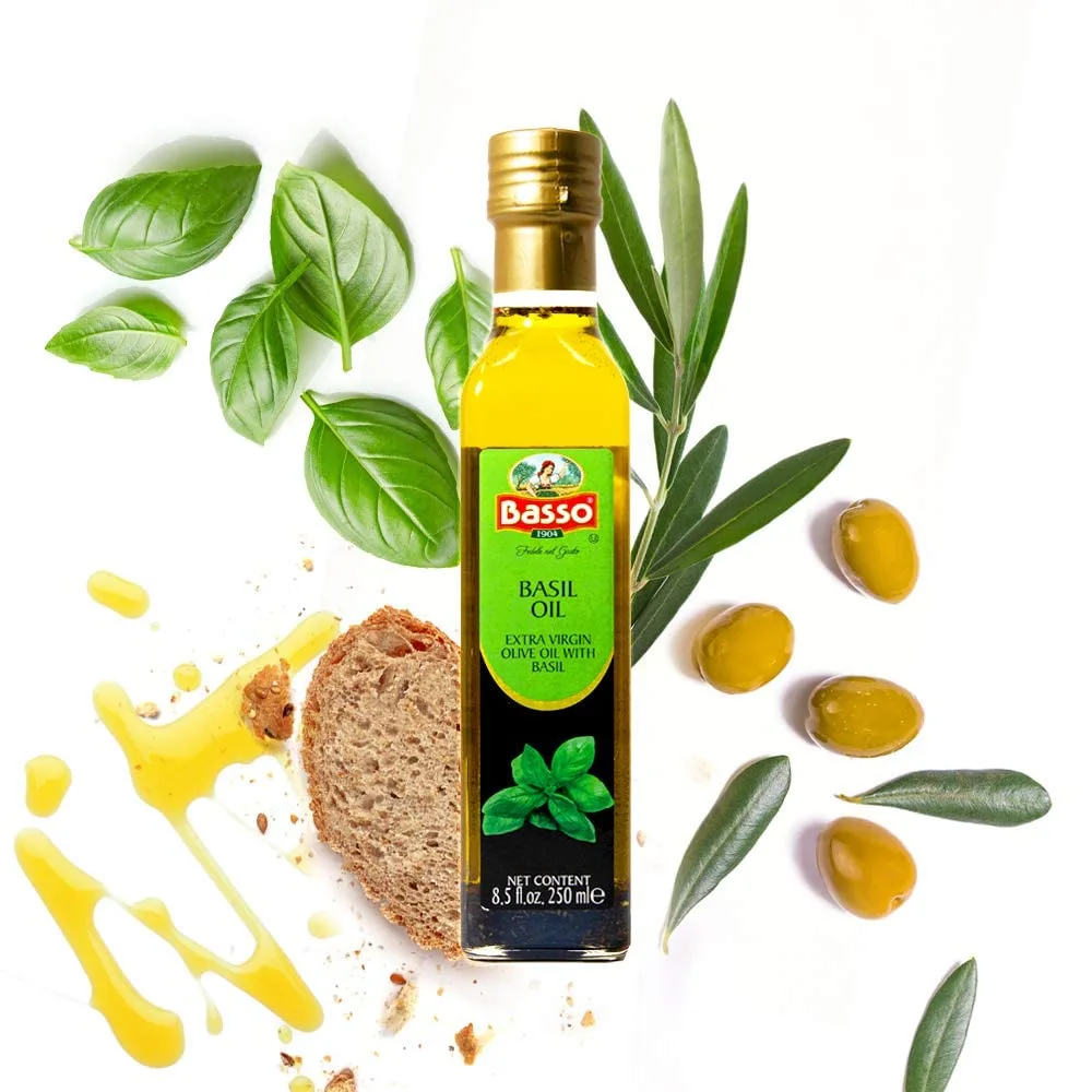 BASSO 1904 - Basil Infused Extra Virgin Olive Oil, 8.5 Fl Oz (250 ml), Cooking, Dipping, Dressing, and Tasting