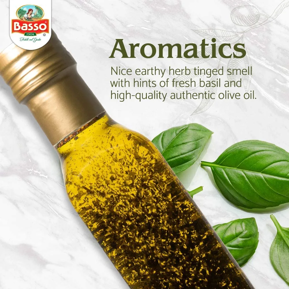BASSO 1904 - Basil Infused Extra Virgin Olive Oil, 8.5 Fl Oz (250 ml), Cooking, Dipping, Dressing, and Tasting