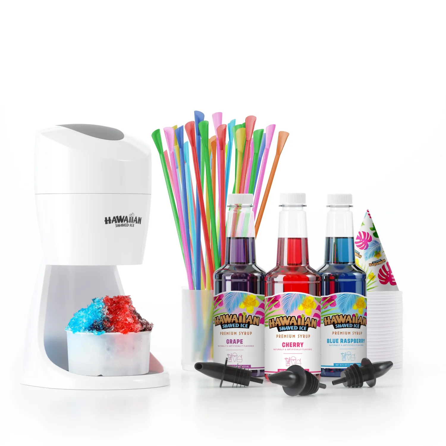 Hawaiian Shaved Ice Machine Kit - 3 Flavors, 25 Cups, Straws, Pourers, Ice Molds