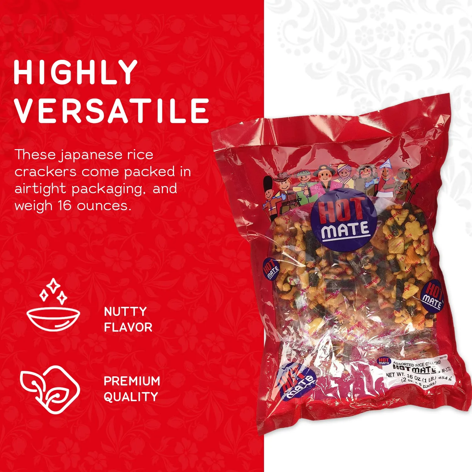 Shirakiku Hot Mate Japanese Rice Cracker | Oriental Asian Arare Rice Crackers with Glutinous Rice, Wasabi Green Peas, and Soy Sauce | Mixed Flavor, 16 oz. (Pack of 1)