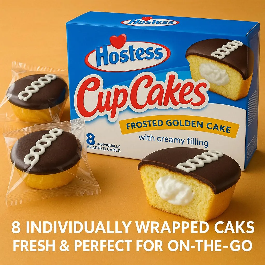HOSTESS Frosted Golden Cupcakes – 8 ct 12.7 oz, Individually Wrapped Bakery Fresh Snack Cakes, Classic Treat with Creamy Filling