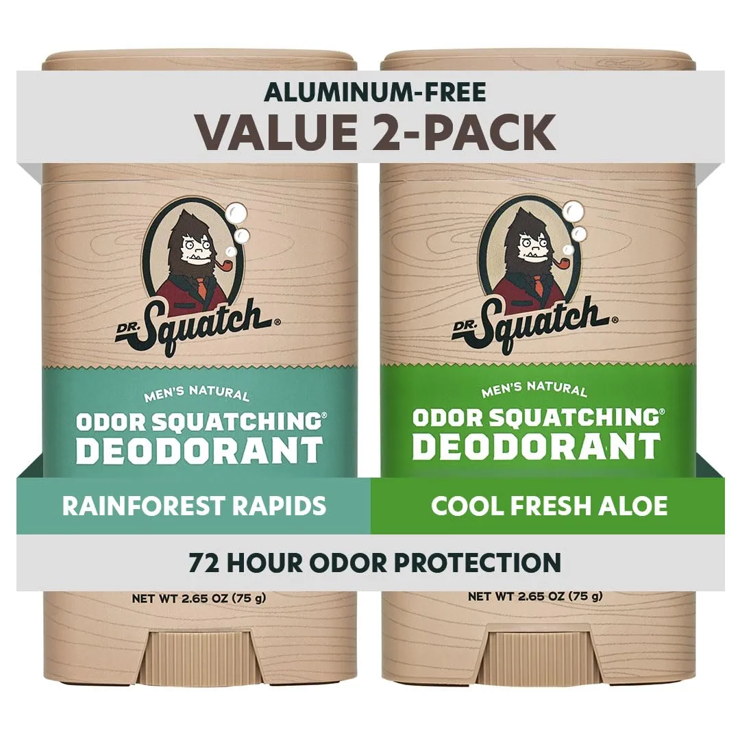 Dr. Squatch Natural Men’s Deodorant – Aluminum Free Natural Deodorant Men with Charcoal & Postbiotics for 72-Hour Odor Protection – Rainforest Rapids + Cool Fresh Aloe, 2.65oz Stick (2-Pack)