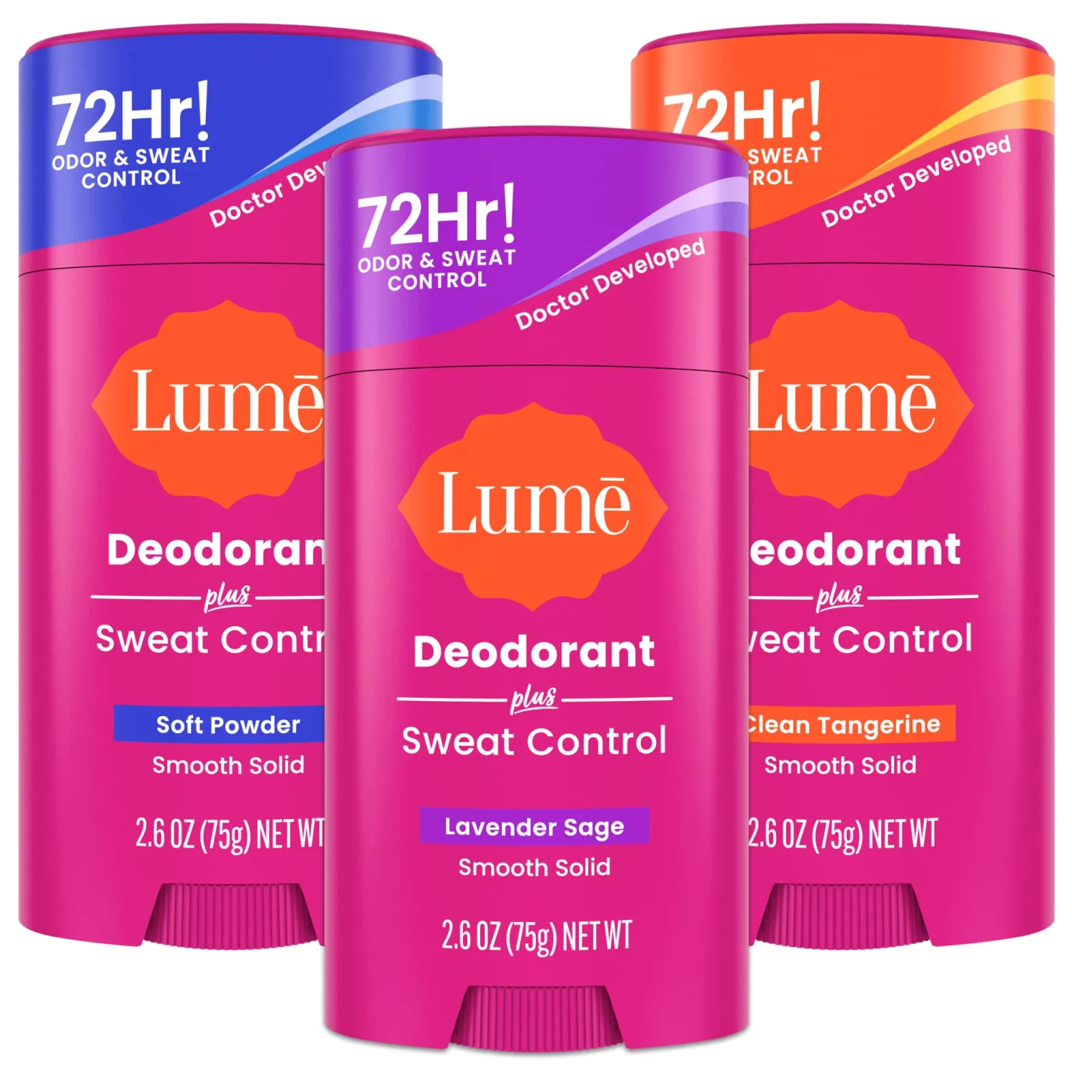 Lume Deodorant Plus Sweat Control - Smooth Solid Stick - Maximum Strength Antiperspirant - 72 Hour Odor And Sweat Control - Baking Soda Free - 3.0 ounce (Lavender Sage, Clean Tangerine & Soft Powder)