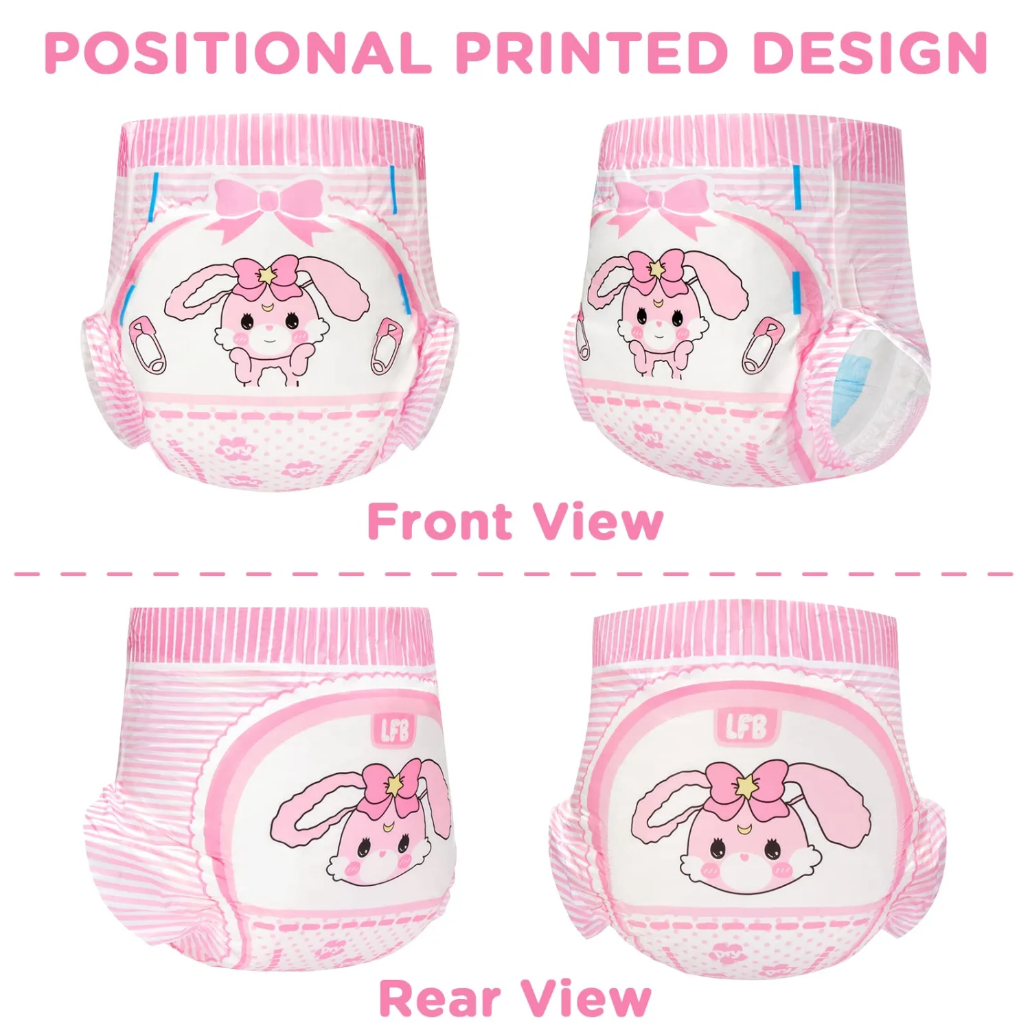 Littleforbig Adult Printed Diaper 2 PCS - Baby Usagi Cute Diaper (X-Large 48"-56")