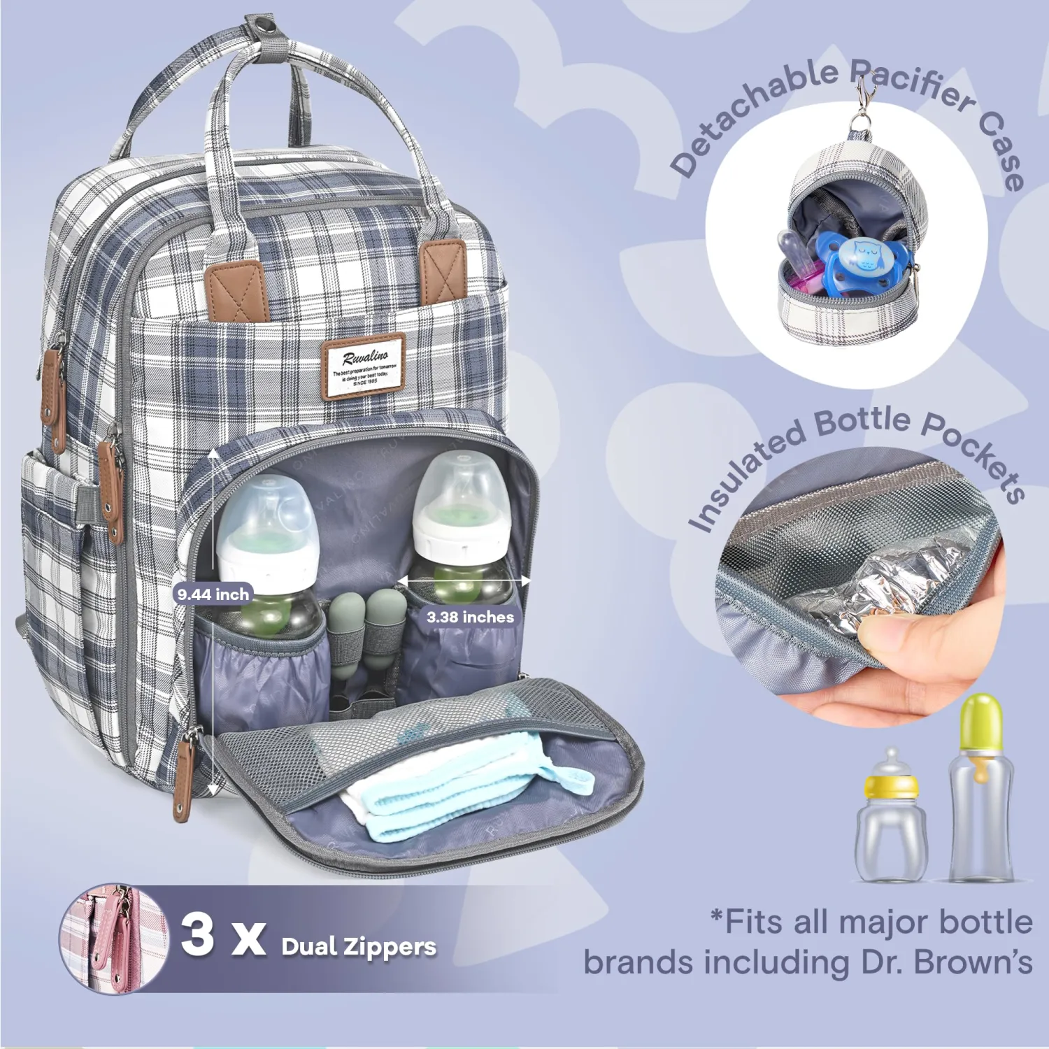 RUVALINO Diaper Bag Backpack, Multifunction Travel Pack Maternity Baby Changing Bags, Large Capacity, Waterproof, Blue Plaid