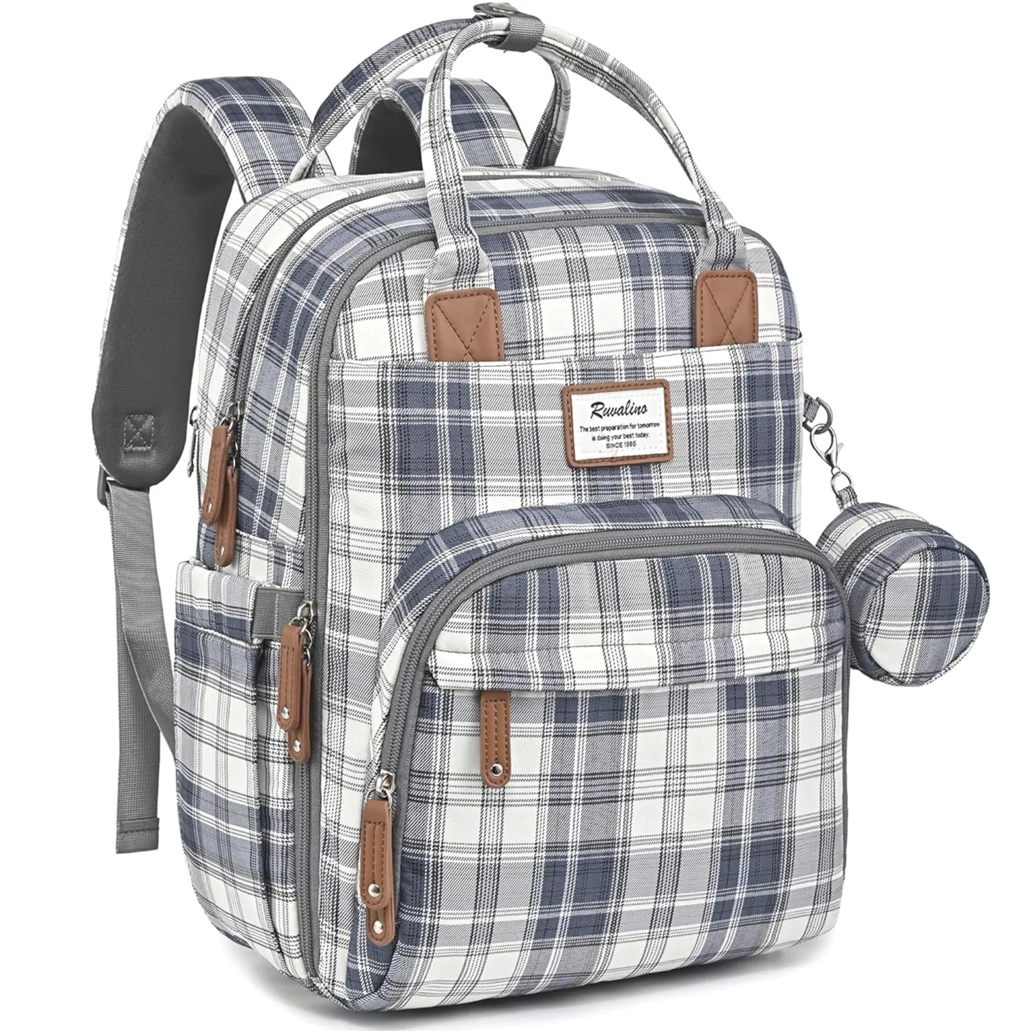 RUVALINO Diaper Bag Backpack, Multifunction Travel Pack Maternity Baby Changing Bags, Large Capacity, Waterproof, Blue Plaid