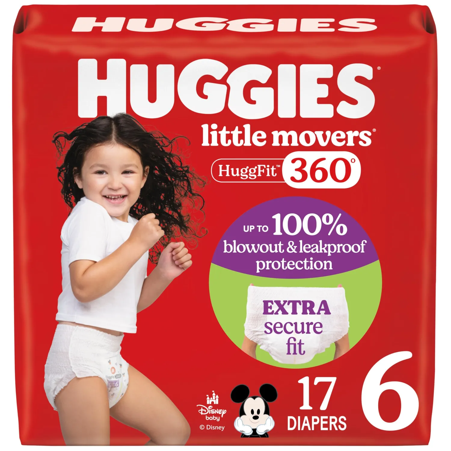 Huggies Size 6 Baby Diapers, Little Movers HuggFit 360° Baby Diapers with 360° Waistband, Size 6 (35+ lbs), 17 Count, Packaging May Vary