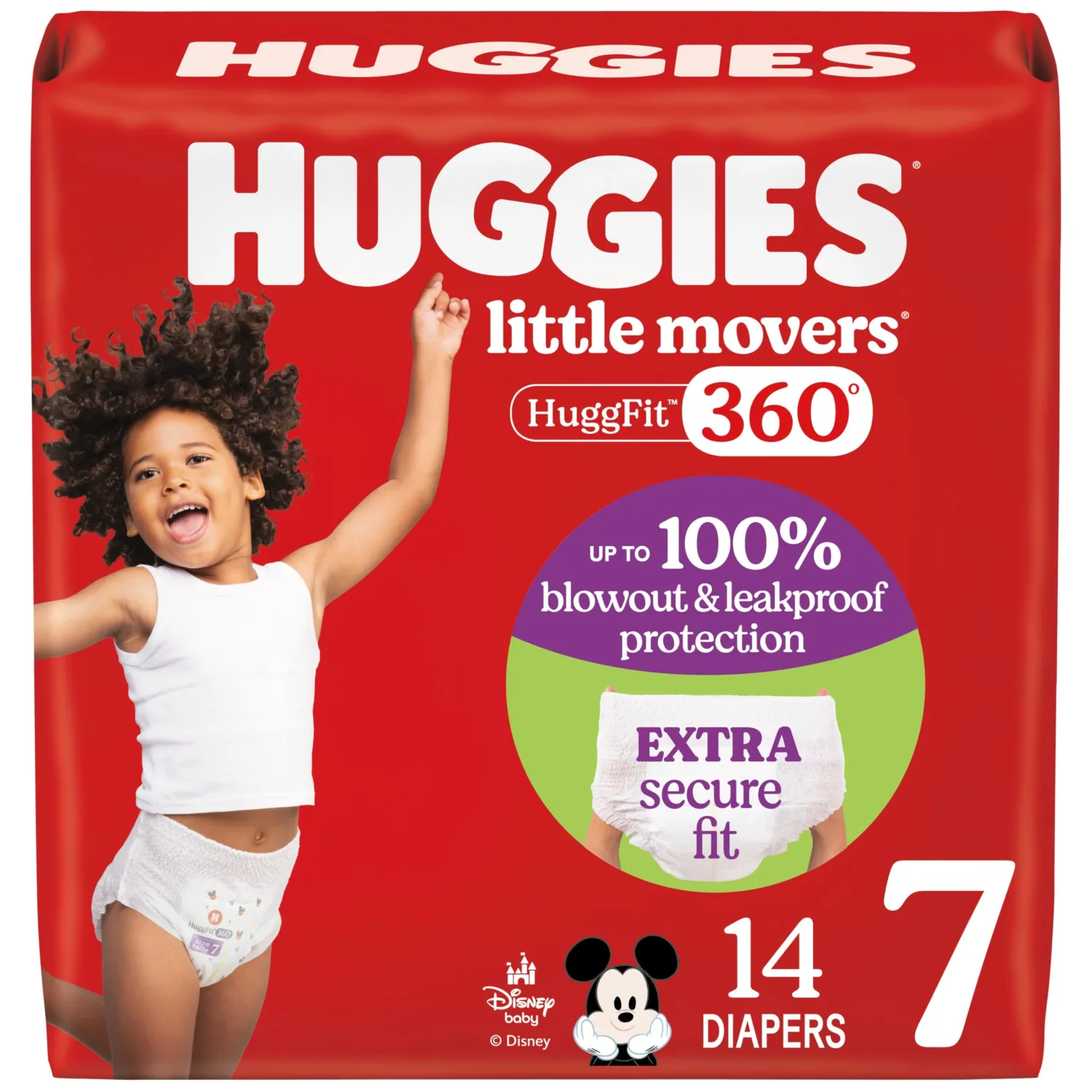 Huggies Size 7 Baby Diapers, Little Movers HuggFit 360° Baby Diapers with 360° Waistband, Size 7 (41+ lbs), 14 Count, Packaging May Vary