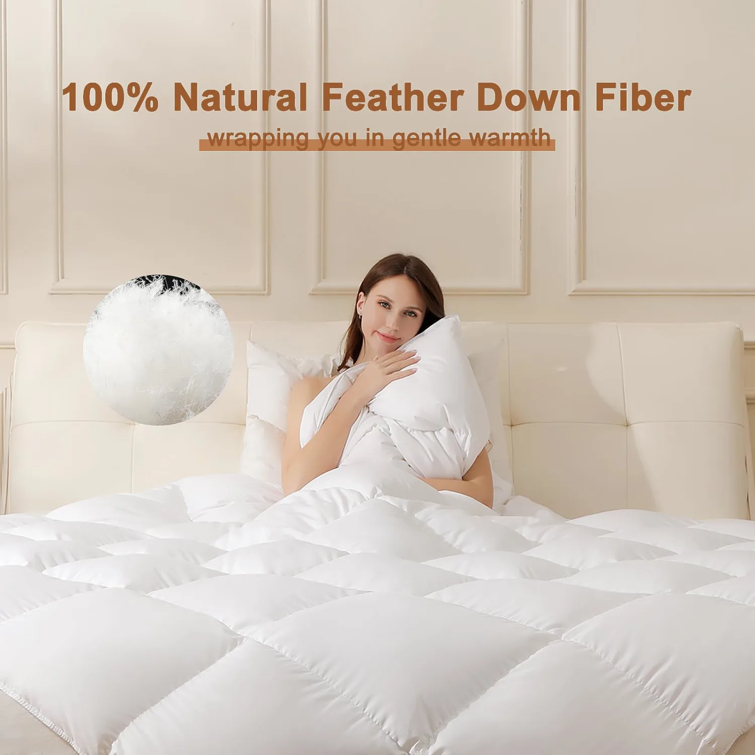 Feather Down Fiber Comforter Queen Size, Ultra Soft 100% Cotton Duvet Insert, Luxurious Hotel Collection White Bedding Comforters, All Season Medium Warmth 90 x 90 Inch.
