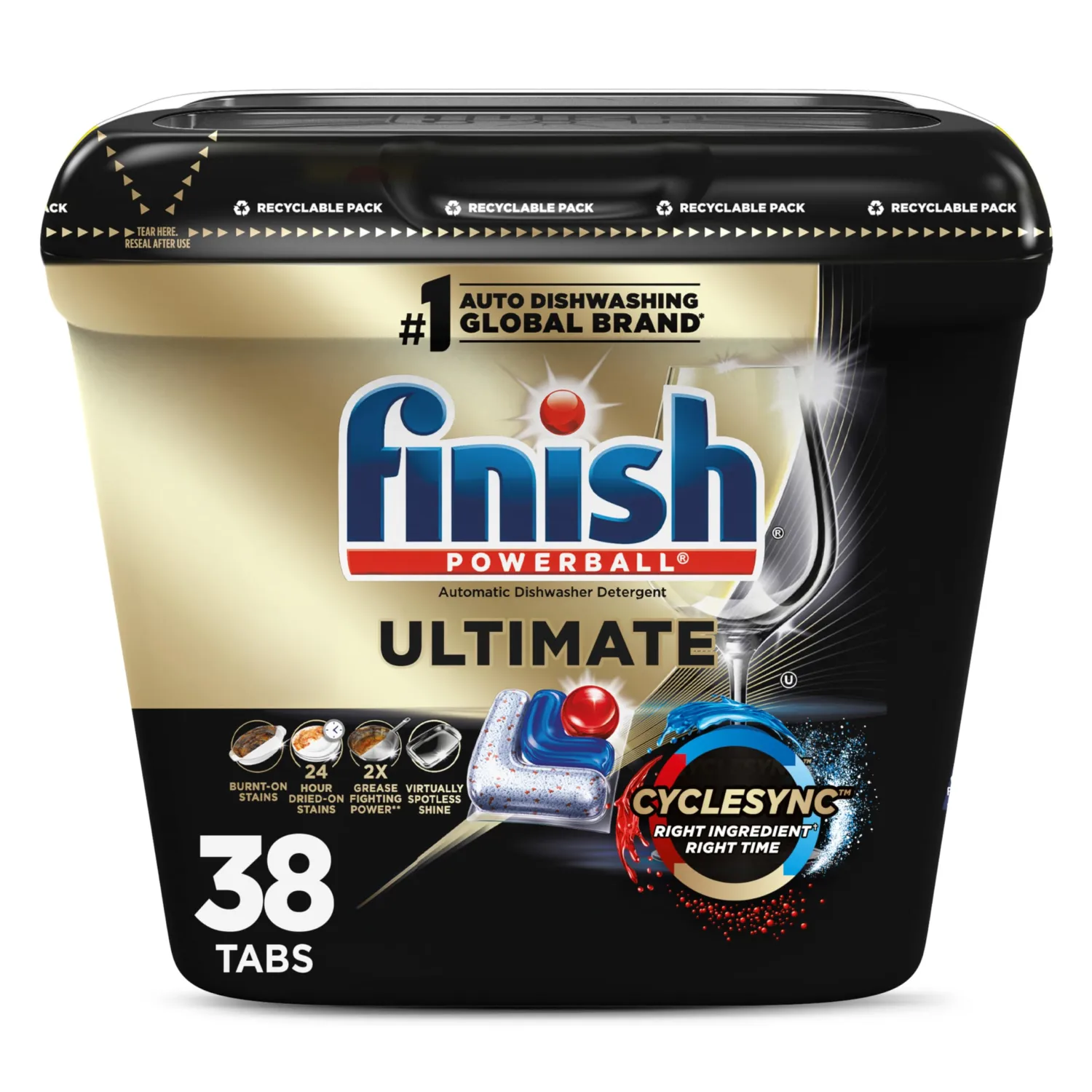 Finish Ultimate Dishwasher Pods, No Pre-Rinse Dishwasher Detergent Soap Removes Burnt-On Stain, with CycleSync Technology, Degreasing & Scrubbing Power, 38 Count
