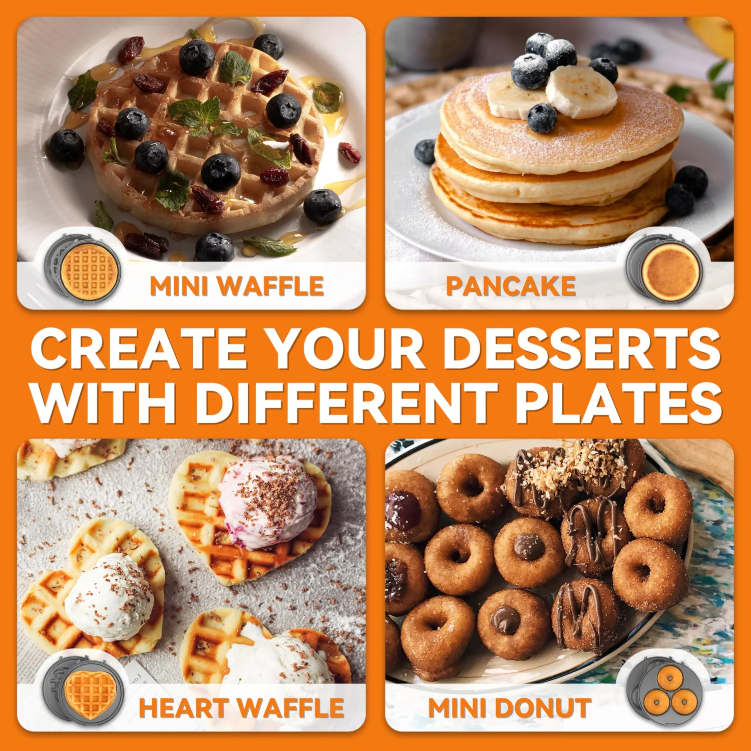 Baker's Friend 4 in 1 Waffle Maker Set: Mini Doughnut & Waffle Maker, Removable Plates, Compact, Recipe Included, Red