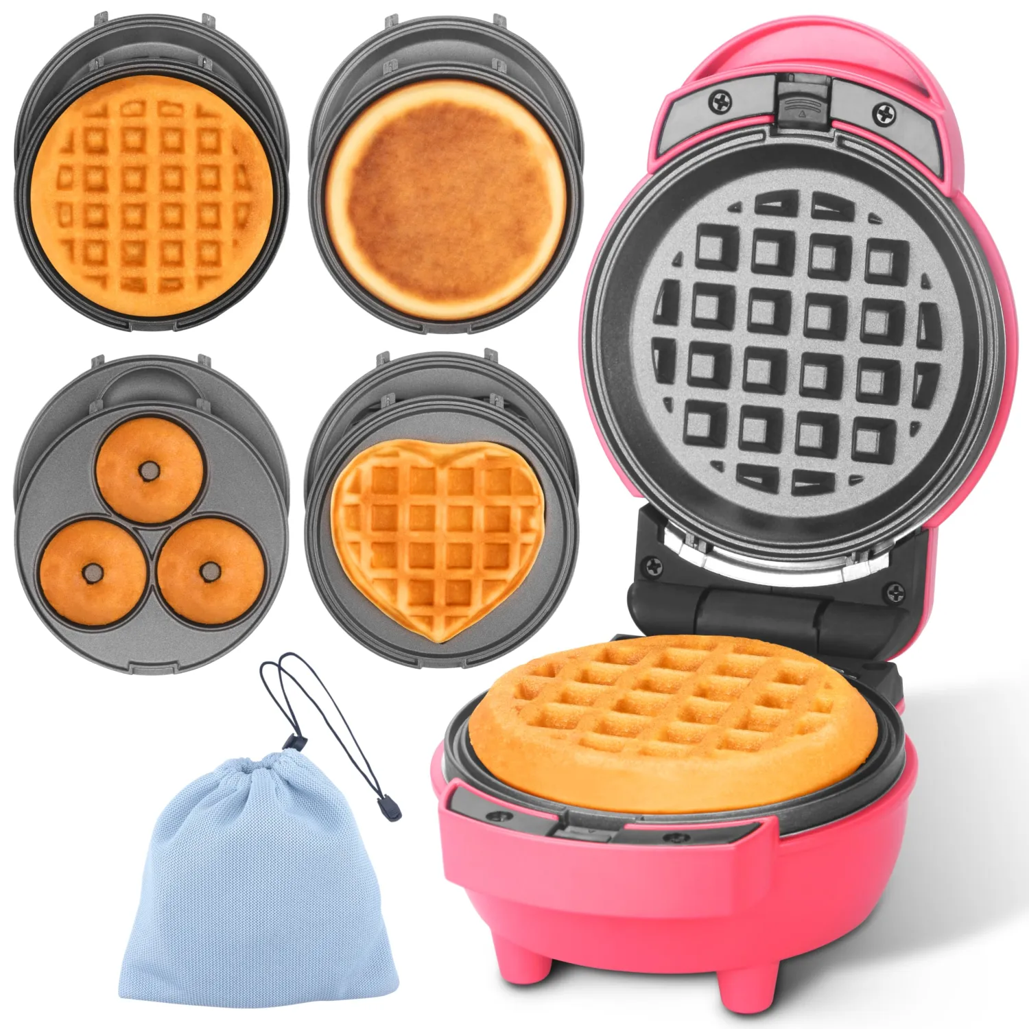 Baker's Friend 4 in 1 Waffle Maker Set: Mini Doughnut & Waffle Maker, Removable Plates, Compact, Recipe Included, Red