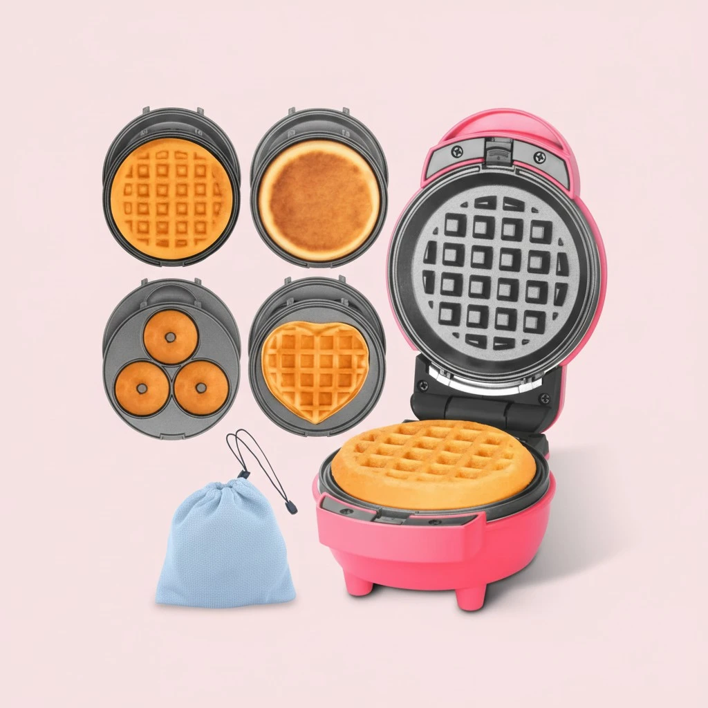 Baker's Friend 4 in 1 Waffle Maker Set: Mini Doughnut & Waffle Maker, Removable Plates, Compact, Recipe Included, Red