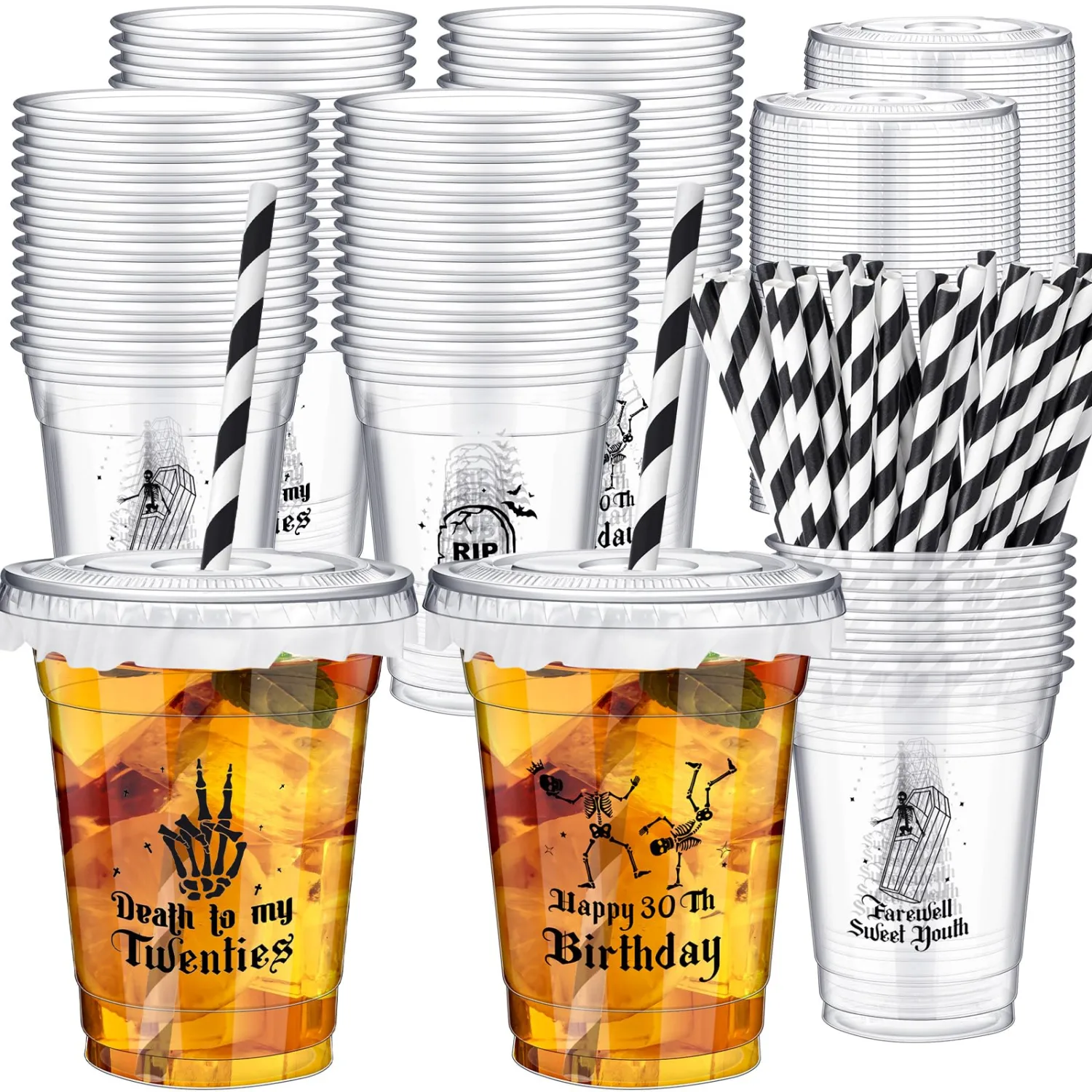 50 Pcs Death to My 20s Party Cups, Disposable Plastic Cups with Straws and Lids Clear mug Birthday Party Supplies for Kids Birthday Table Decorations