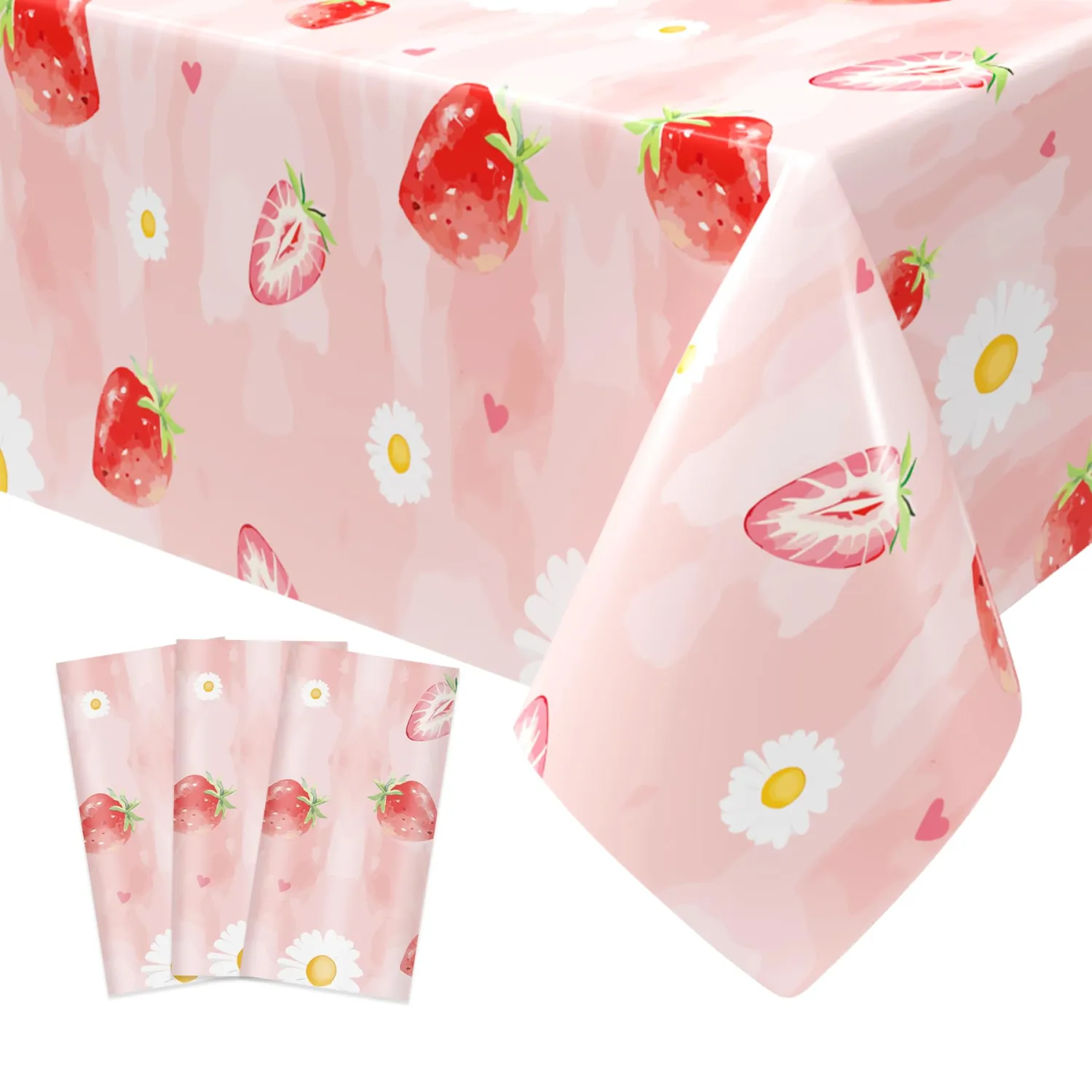 3Pcs Strawberry Plastic Tablecloth, 54 x 108 Inch Strawberry Party Tablecloth, Berry Sweet One Table Covers for Baby Shower, Strawberry Themed Party, Berry First Birthday Decorations