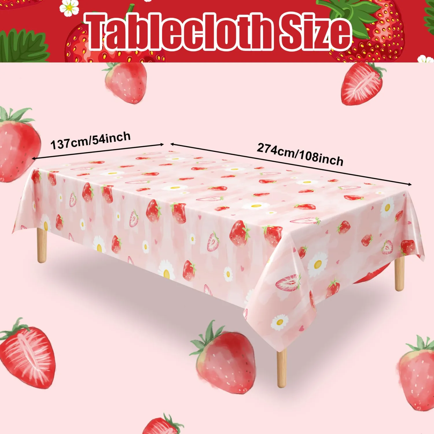 3Pcs Strawberry Plastic Tablecloth, 54 x 108 Inch Strawberry Party Tablecloth, Berry Sweet One Table Covers for Baby Shower, Strawberry Themed Party, Berry First Birthday Decorations
