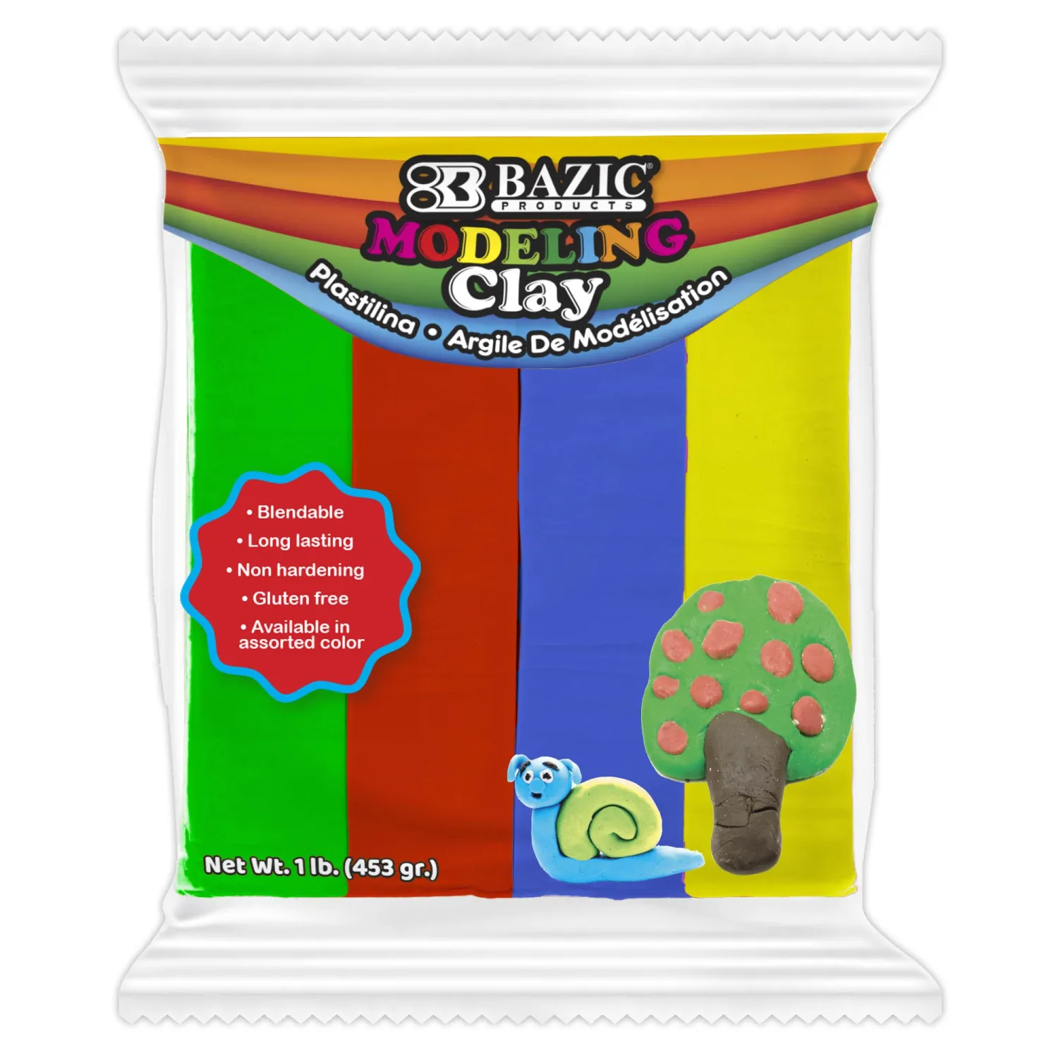 BAZIC Modeling Clay 4 Primary Color 1 LB, Light Dough Art Craft, Non Toxic Gift for Artist Kids Toddler Boys Girls, Bulk for Classroom, 1-Pack