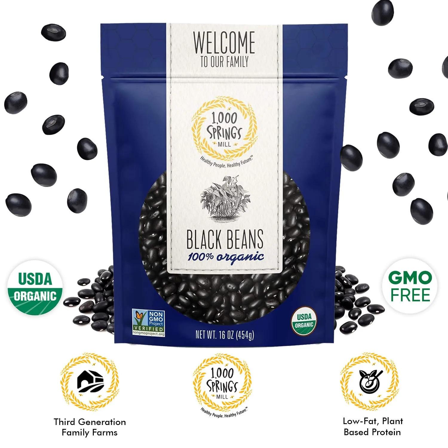 1000 SPRINGS MILL - Organic Black Beans | Used for Soups, Salads, Chili, Dips or Various Breakfast Dishes | Bulk Dry Black Beans | Resealable Bag | Vegan Friendly | 16oz (Pack of 1)