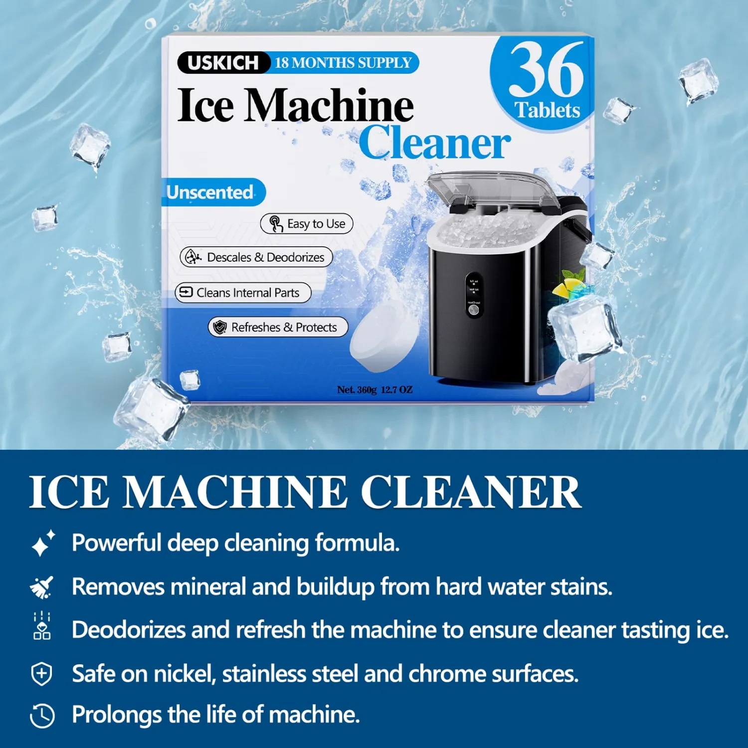 USKICH Ice Machine Cleaner Descaler Tablets-36Pack Ice Maker Cleaner Compatible with Frigidaire, Opal, GE Profile, Kitchenaid, Nickel Safe Scale Remover for Countertop, Nugget Ice Makers