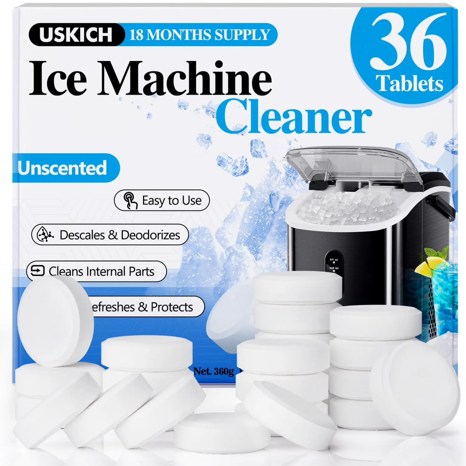 USKICH Ice Machine Cleaner Descaler Tablets-36Pack Ice Maker Cleaner Compatible with Frigidaire, Opal, GE Profile, Kitchenaid, Nickel Safe Scale Remover for Countertop, Nugget Ice Makers
