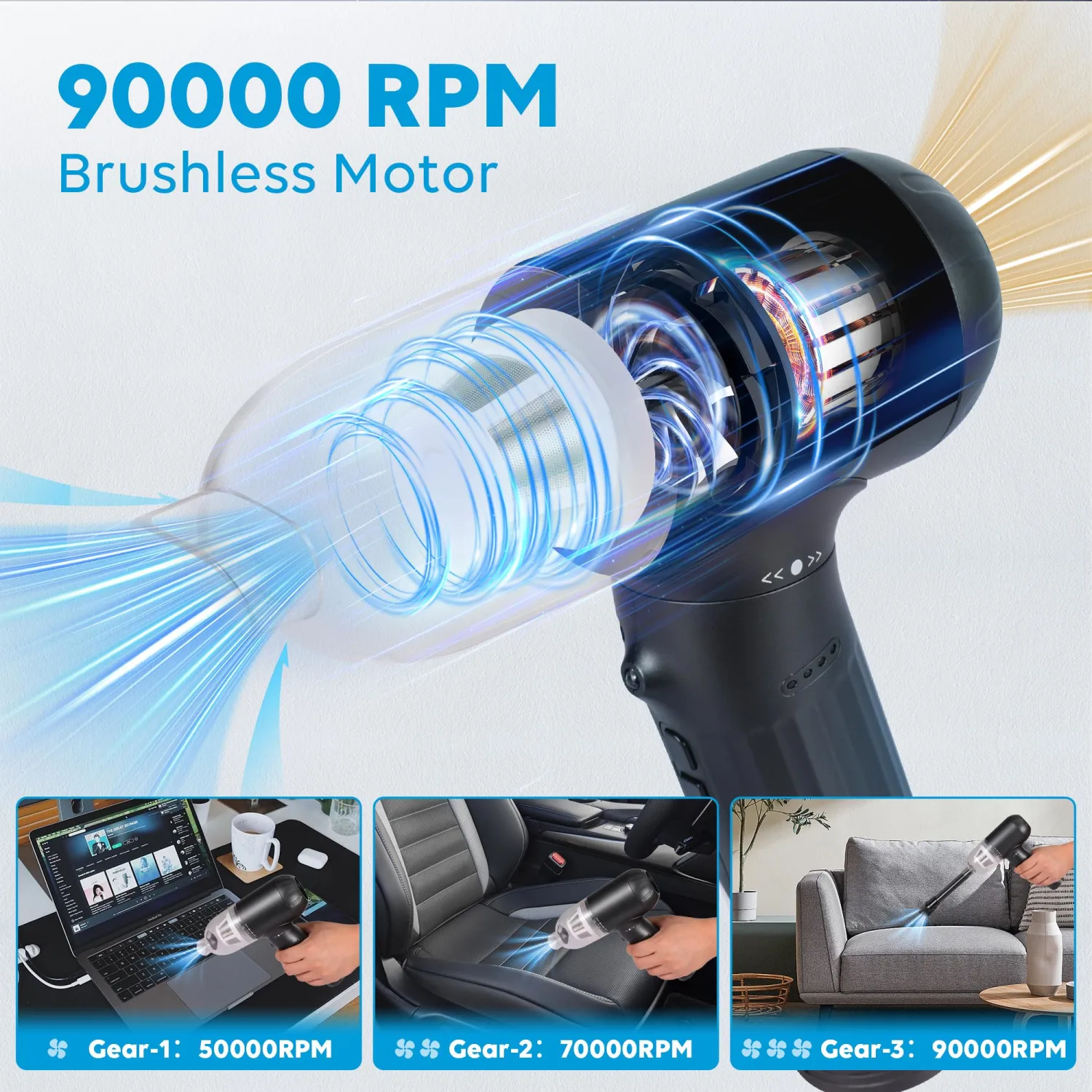 TOBTOS Compressed Air Duster, Electric Air Duster, Portable Air Blower with 3-Gear, Electric Blower with LED Light, Mini Blower for Computer, Electronics, Car and Home Cleaning(90W)