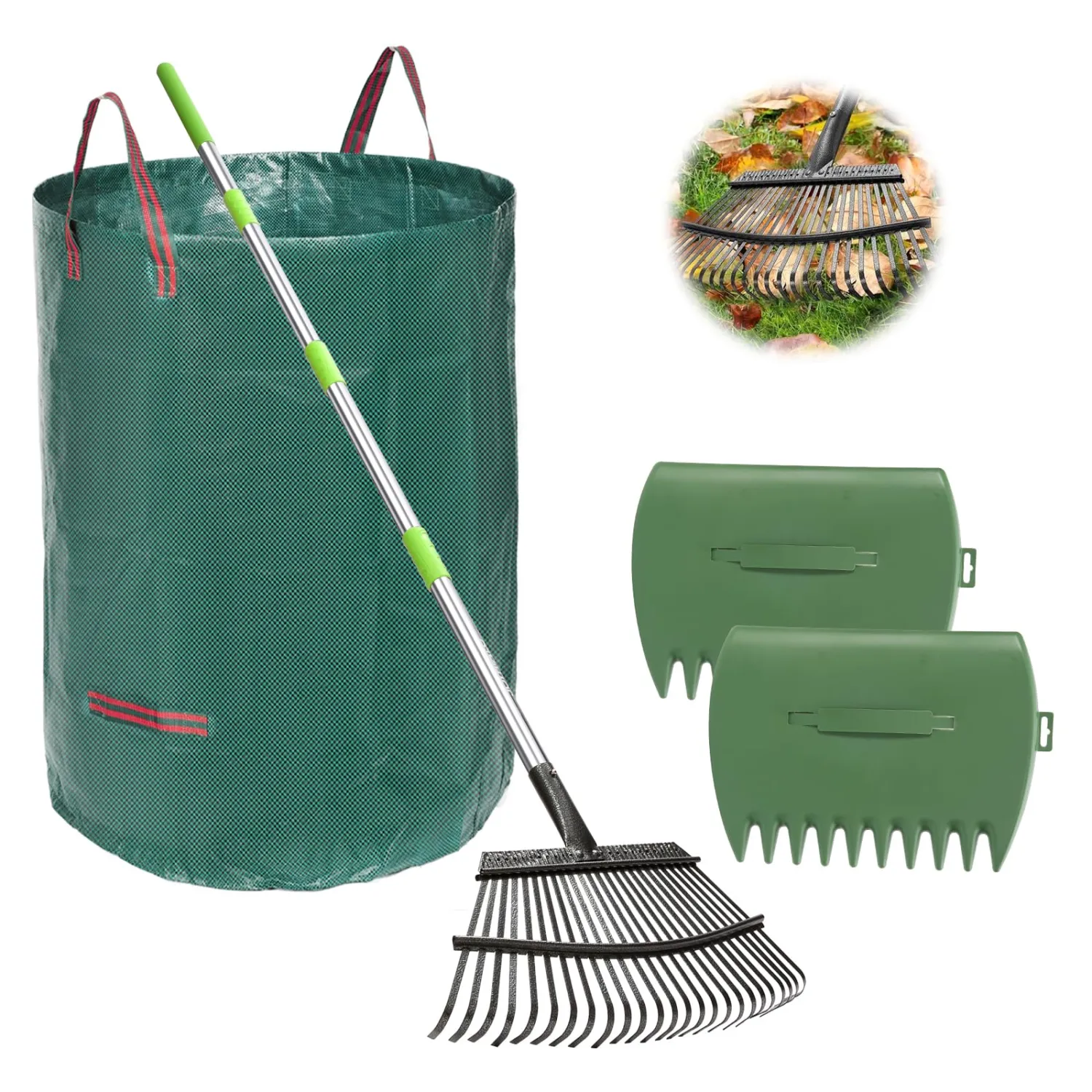 JOYHALO 65 Inch Rake for Leaves, 25 Tines Metal Leaf Rake Set with 32 Gallon Leaf Bags Scoops, Garden Rakes 18in Wide, Rakes for Gardening Lawns Yard Outdoor Camping Shrub Grass Bush