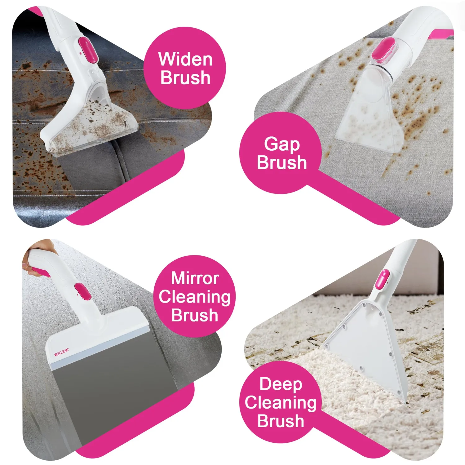 WECLEAN Carpet Cleaner Machine and Stain Remover for Deep Cleaning Upholstery for Carpets Rugs and Fabric Seats,800W 18Kpa，3L Clean Tank and 1.5L Dity Tank, Pink