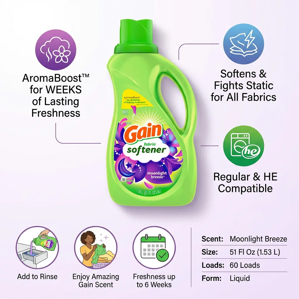 Gain Liquid Fabric Softener, Moonlight Breeze, 51 fl oz 60 loads