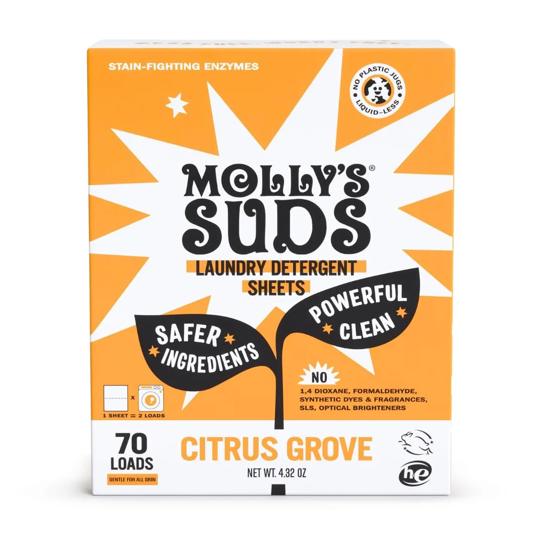 Molly’s Suds Laundry Detergent Sheets | Gentle on Sensitive Skin, Powerful Bio-Based Enzymes, Stain-Fighting | Liquidless & Plastic-Free Packaging | 70 Loads (Citrus Grove)