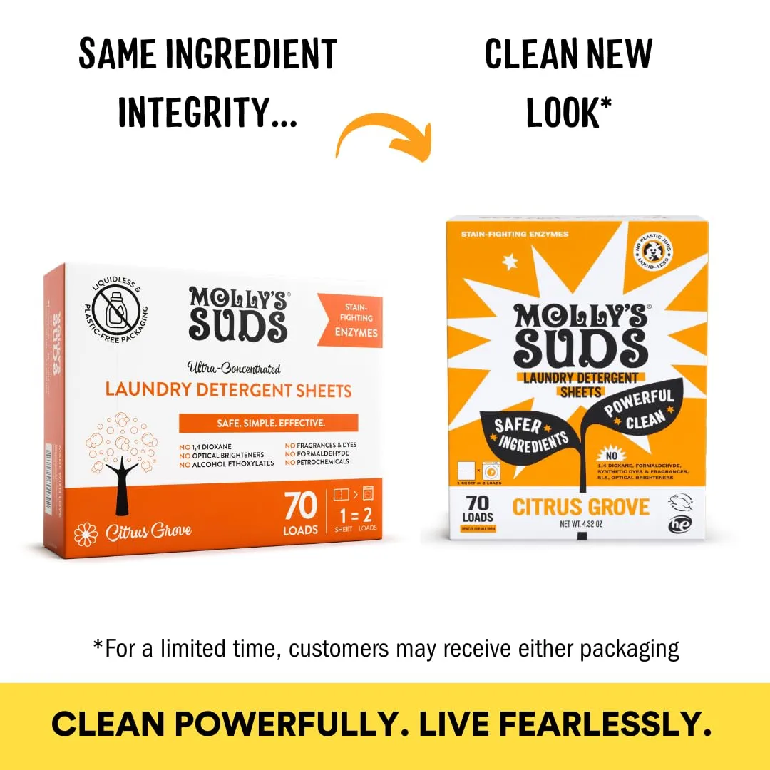 Molly’s Suds Laundry Detergent Sheets | Gentle on Sensitive Skin, Powerful Bio-Based Enzymes, Stain-Fighting | Liquidless & Plastic-Free Packaging | 70 Loads (Citrus Grove)