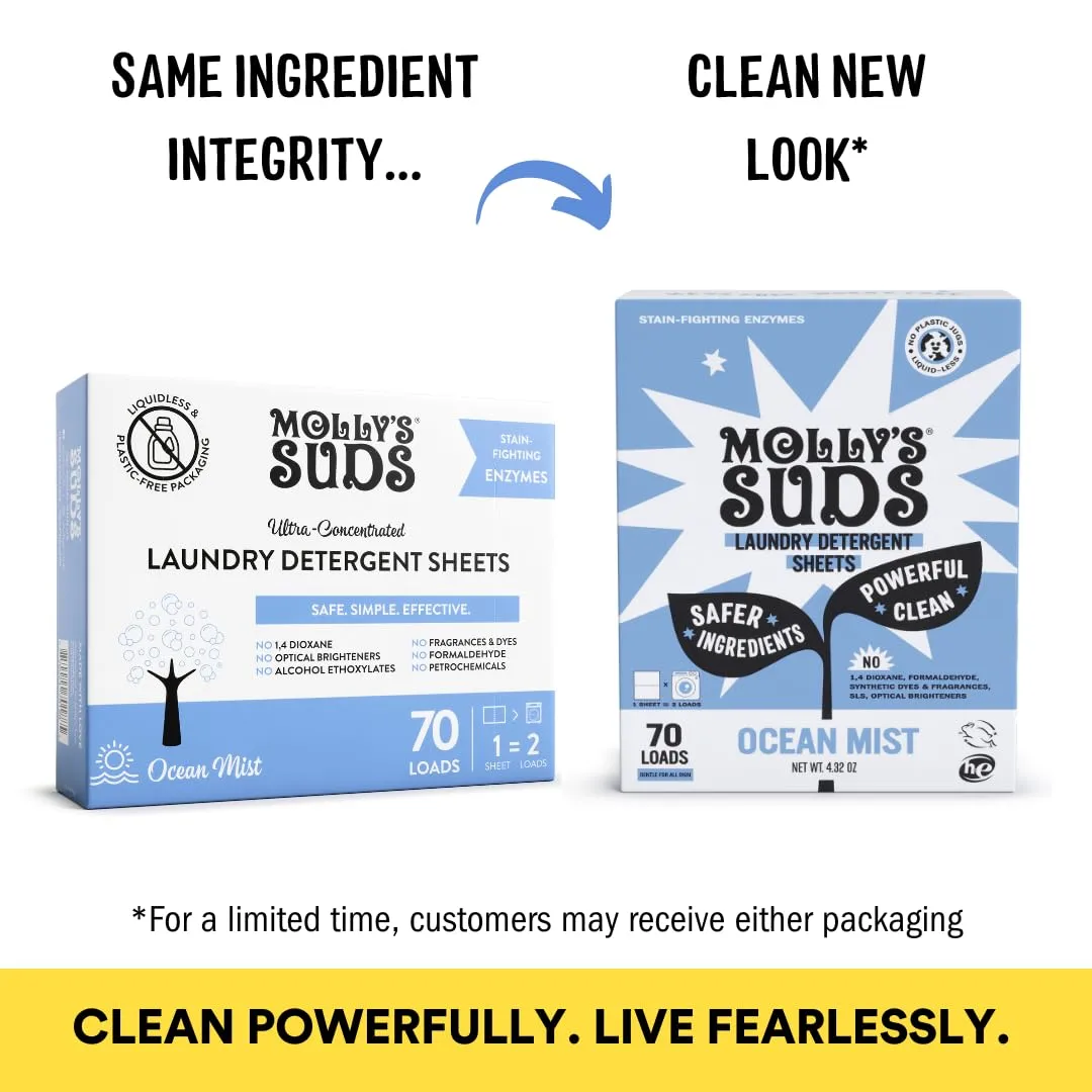 Molly’s Suds Laundry Detergent Sheets | Gentle on Sensitive Skin, Powerful Bio-Based Enzymes, Stain-Fighting | Liquidless & Plastic-Free Packaging | 70 Loads (Ocean Mist)
