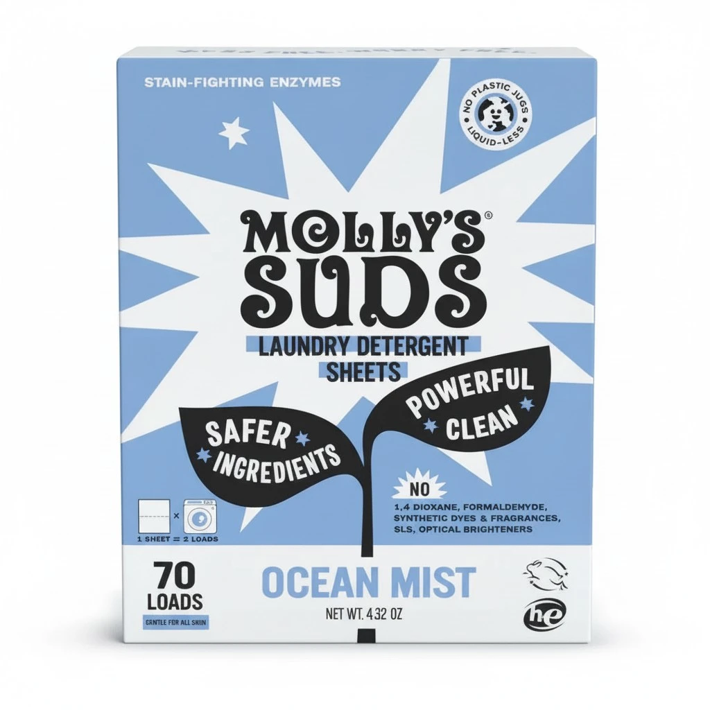 Molly’s Suds Laundry Detergent Sheets | Gentle on Sensitive Skin, Powerful Bio-Based Enzymes, Stain-Fighting | Liquidless & Plastic-Free Packaging | 70 Loads (Ocean Mist)