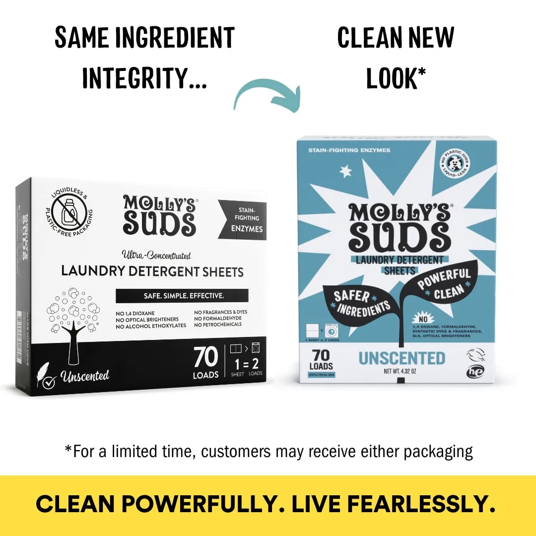 Molly’s Suds Laundry Detergent Sheets | Gentle on Sensitive Skin, Powerful Bio-Based Enzymes, Stain-Fighting | Liquidless & Plastic-Free Packaging | 70 Loads (Unscented)