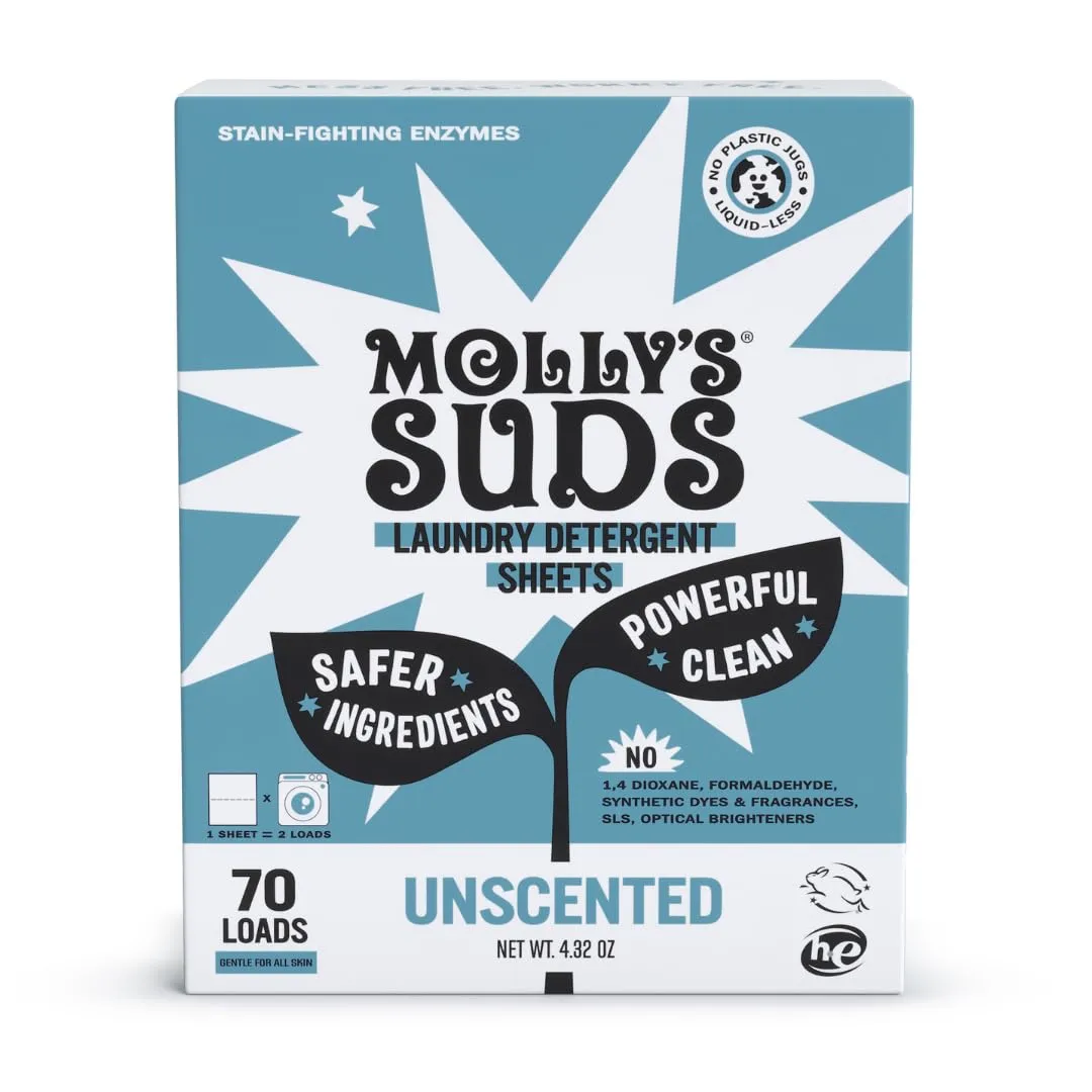 Molly’s Suds Laundry Detergent Sheets | Gentle on Sensitive Skin, Powerful Bio-Based Enzymes, Stain-Fighting | Liquidless & Plastic-Free Packaging | 70 Loads (Unscented)