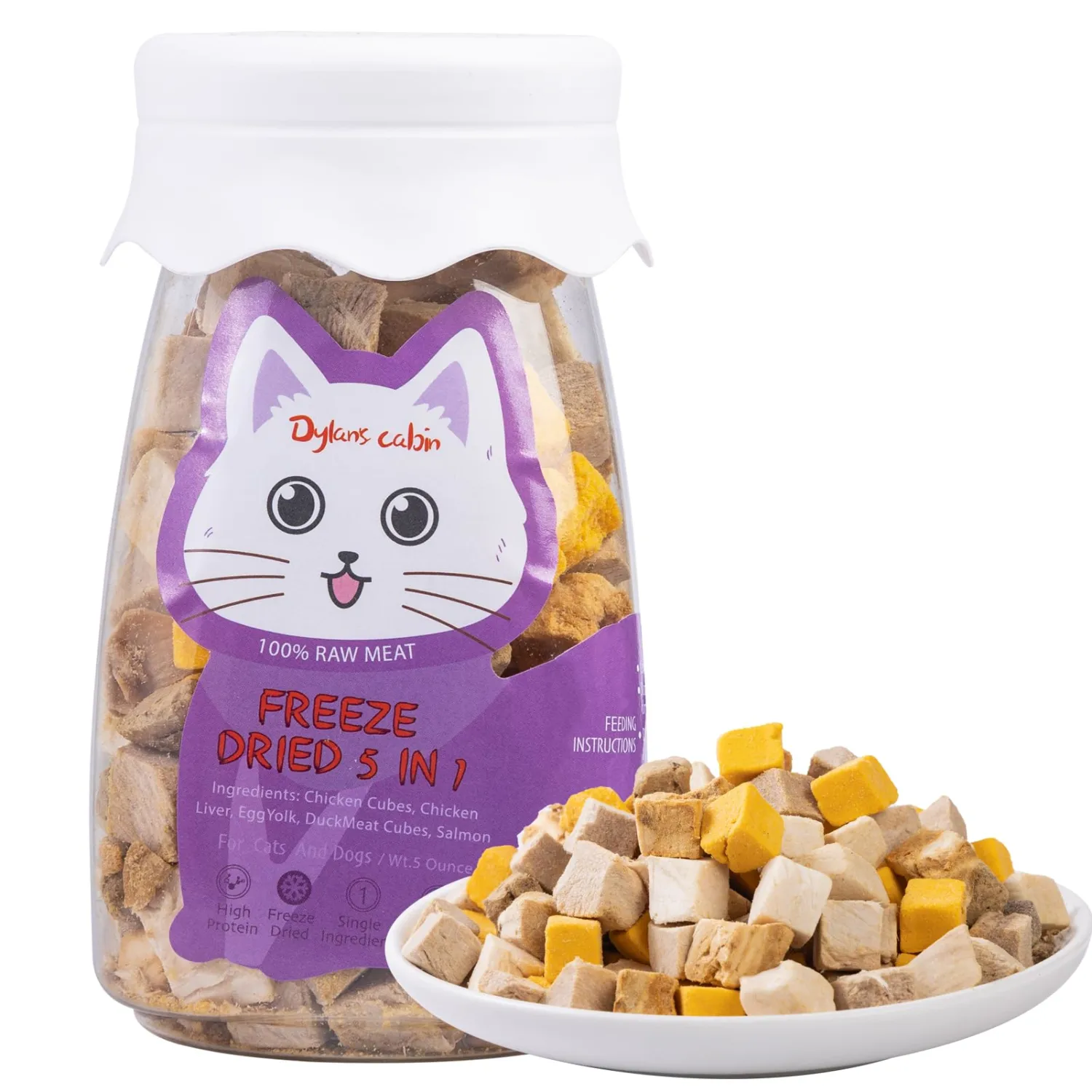 Dylan's cabin Cat Dog Food - Freeze Dried Dog Treats 5 in 1 Meat Chicken Duck Salmon Yolk Chicken Liver Meat Natural Human-Grade Cat Snack(142g)