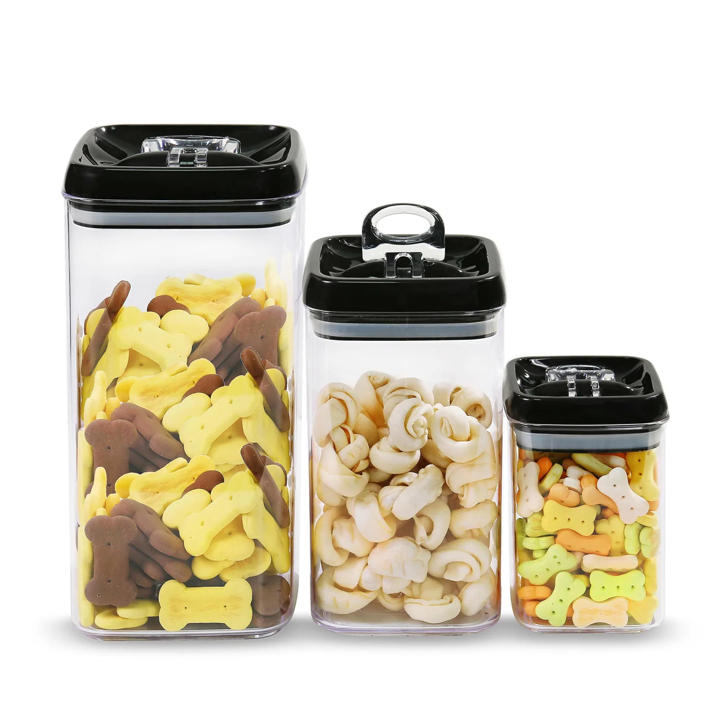 Felli Flip Tite Storage Container with Lid 6" XL Air Tight Ring Lock Top, Clear Acrylic Canister Set for Kitchen, Pet Cat Dog Food Treats, 5 lb Flour Sugar Pantry Organizer (Nest-L, Black)