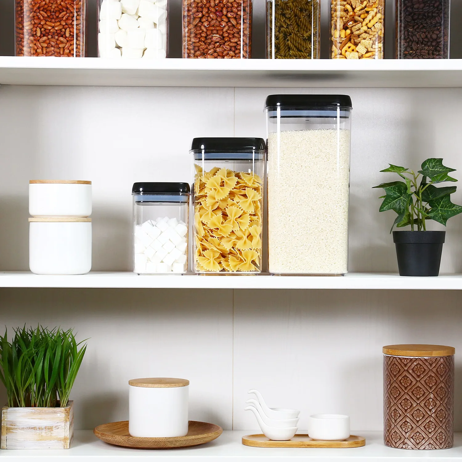 Felli Flip Tite Storage Container with Lid 6" XL Air Tight Ring Lock Top, Clear Acrylic Canister Set for Kitchen, Pet Cat Dog Food Treats, 5 lb Flour Sugar Pantry Organizer (Nest-L, Black)