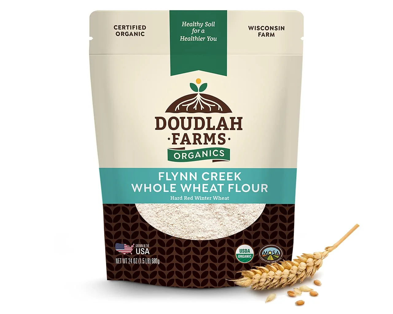 Organic Whole Wheat Flour 1.5lb by Doudlah Farms - Farmed From Regenerative Soil | Vegan, Non-GMO, Grown In USA | For Baking Bread, Pizza, Pasta, and More!